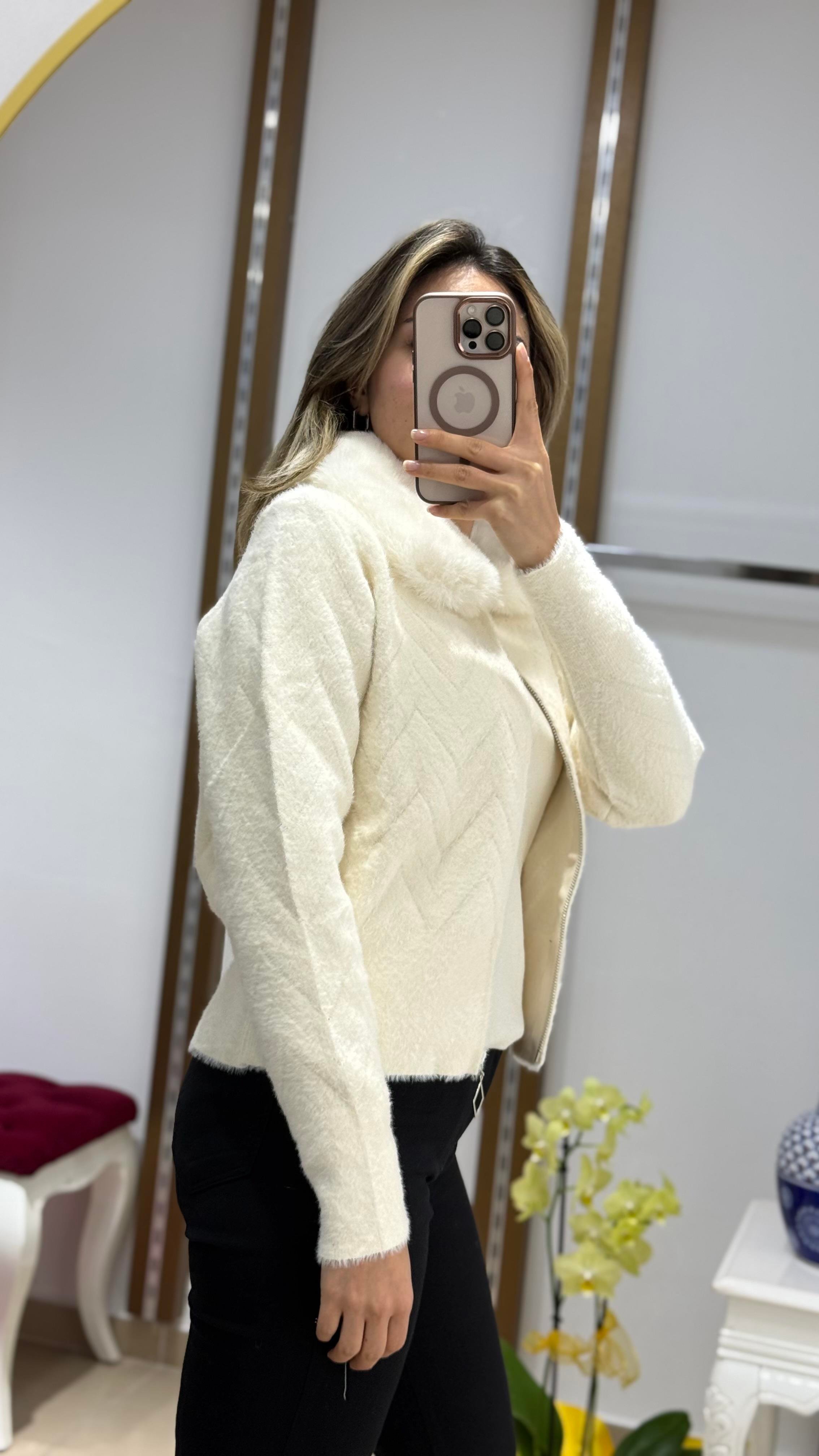 Yaka Kürk Angora Fermuarlı kısa hırka BEYAZ