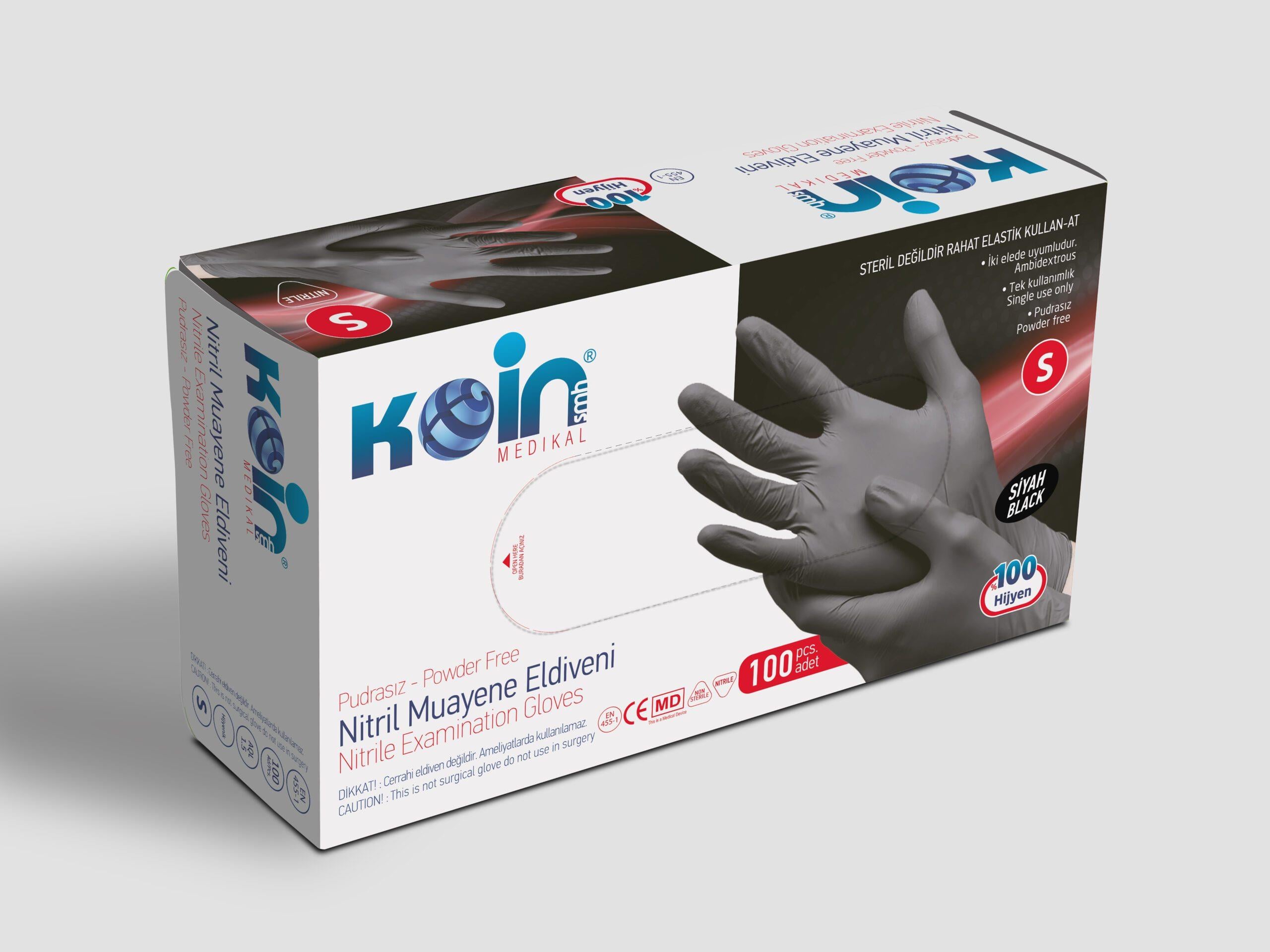 KOİN Siyah Nitril Pudrasız Muayene Eldiveni 100 lü