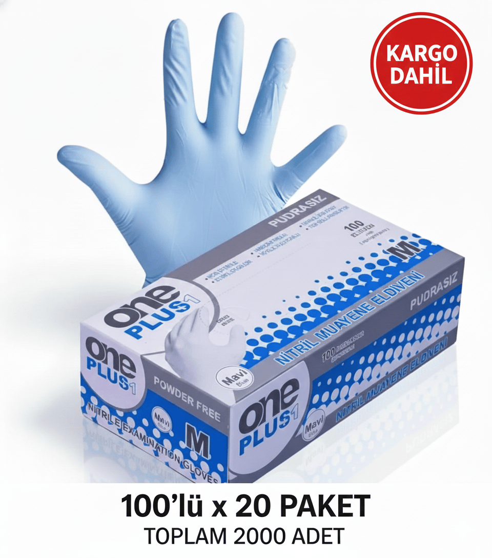 One Plus Pudrasız Nitril Muayene Eldiveni Mavi 100'lü 20 Paket