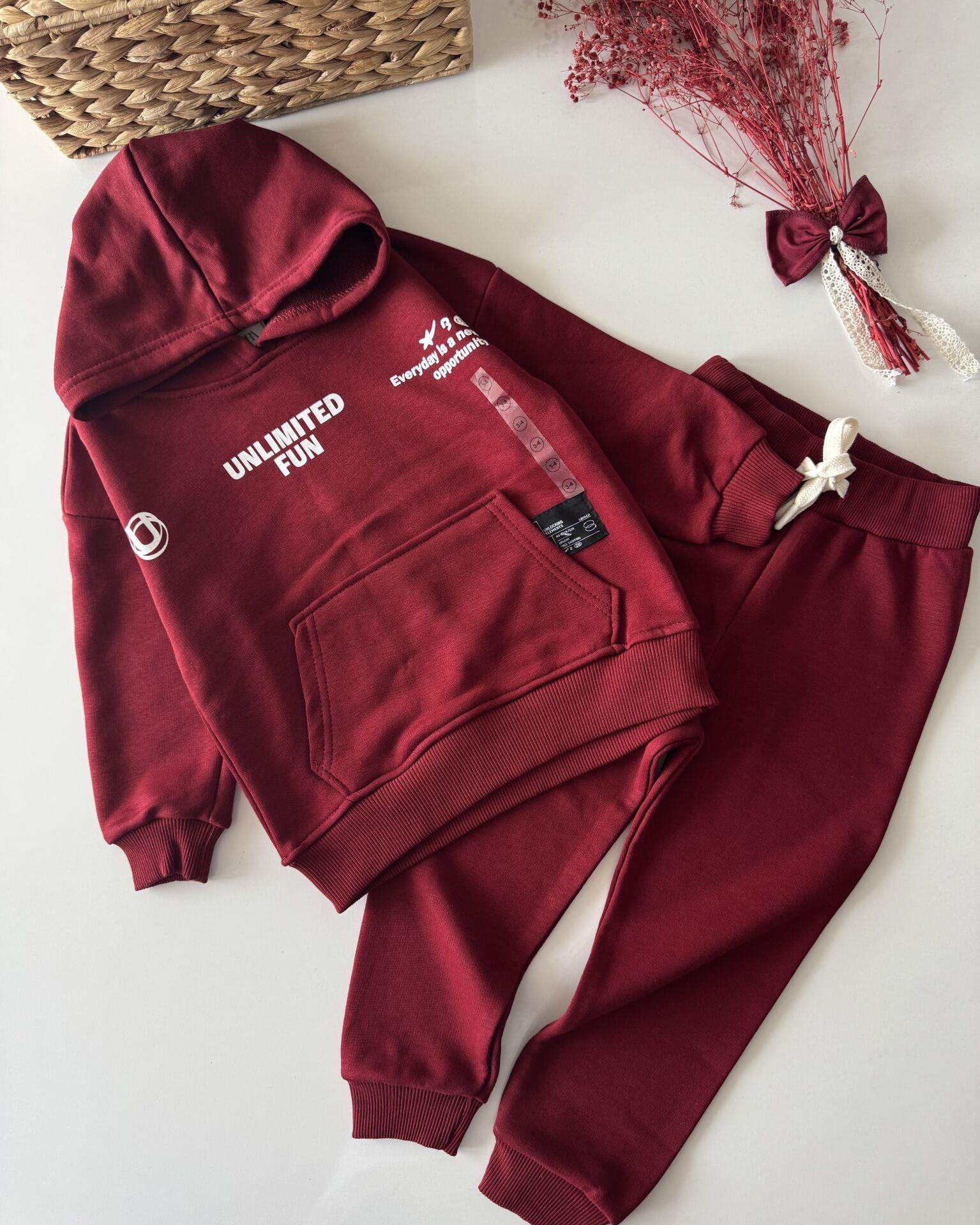 Basic Kapüşonlu Sloganlı Unisex Takım- Bordo