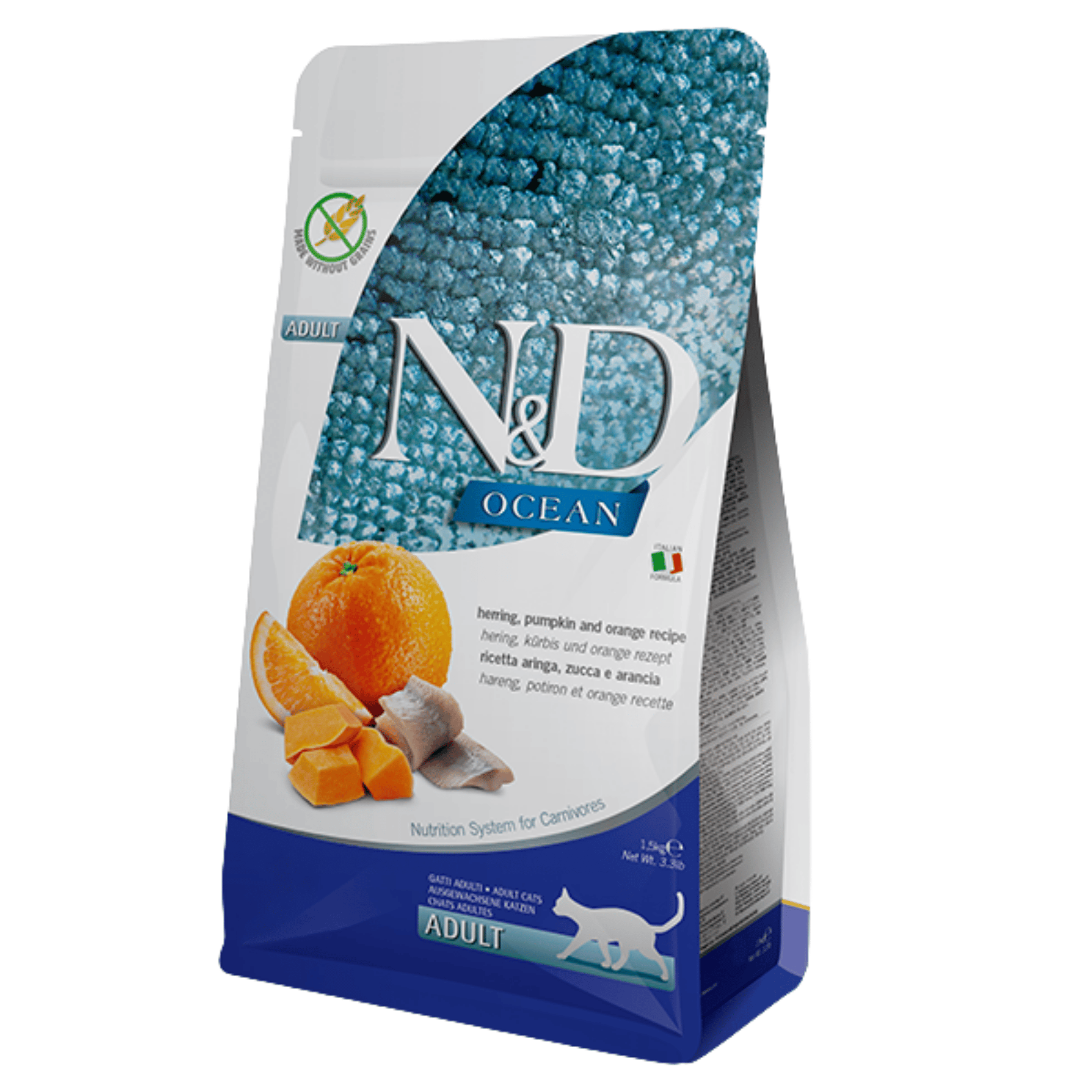 N&D Ocean Tahılsız Ringa Balığı Balkabağı ve Portakallı Yetişkin Kedi Mamas 1,5kg