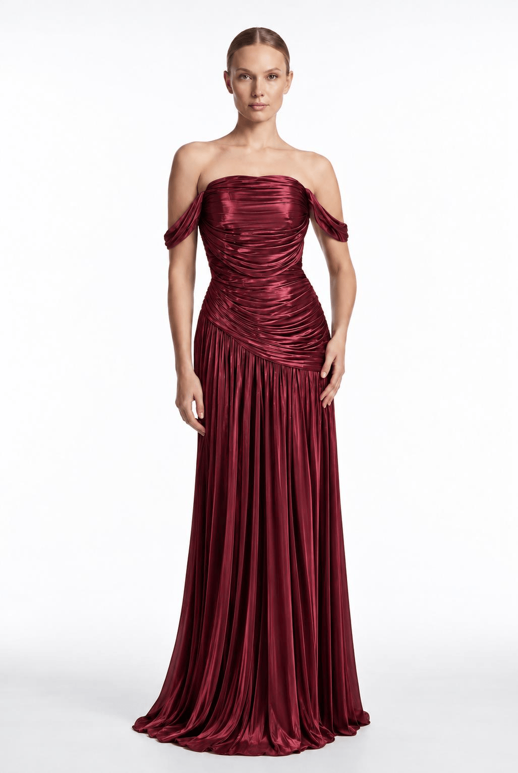 Bordo Düşük Omuz Parlak Kumaş Abiye Abiye P-0000019788-BORDOBRD46