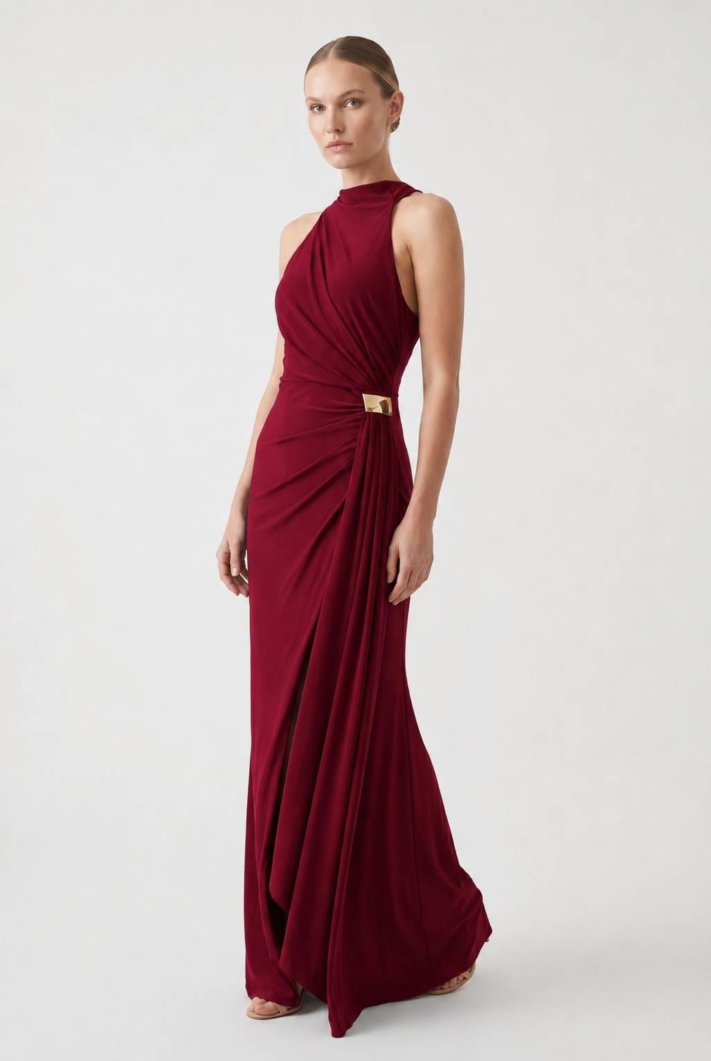 Bordo Halter Yaka Beli Tokalı Abiye Abiye P-0000019134-BORDOBRD38