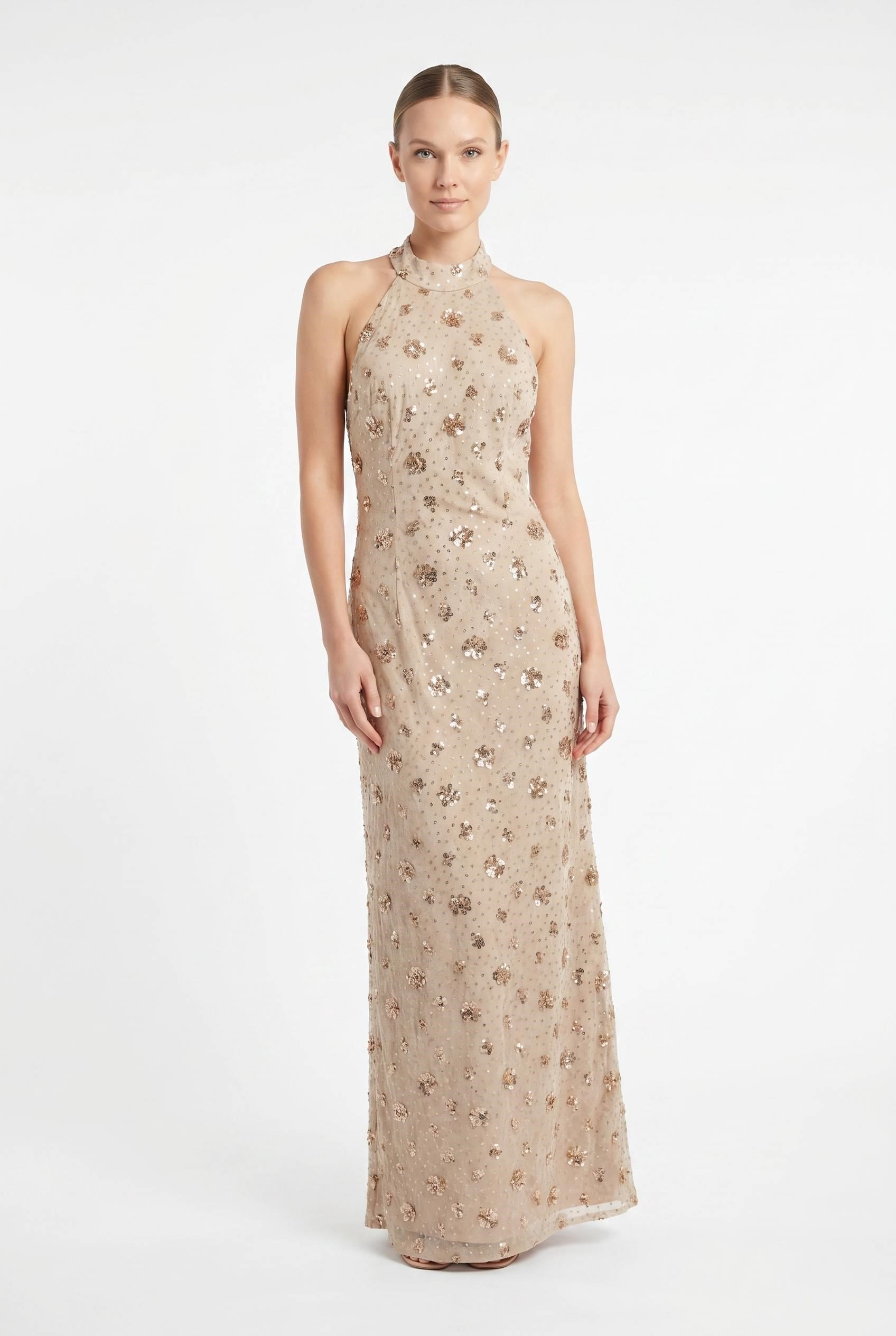 Gold Halter Yaka Payet İşlemeli Abiye Abiye P-0000019037-GOLDGLD38