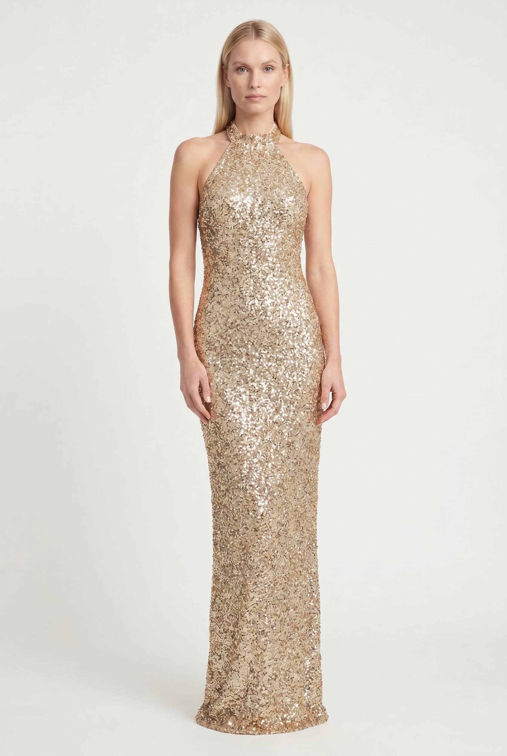 Gold Halter Yaka Payetli Abiye Elbise Abiye P-0000014389-GOLDGLD42
