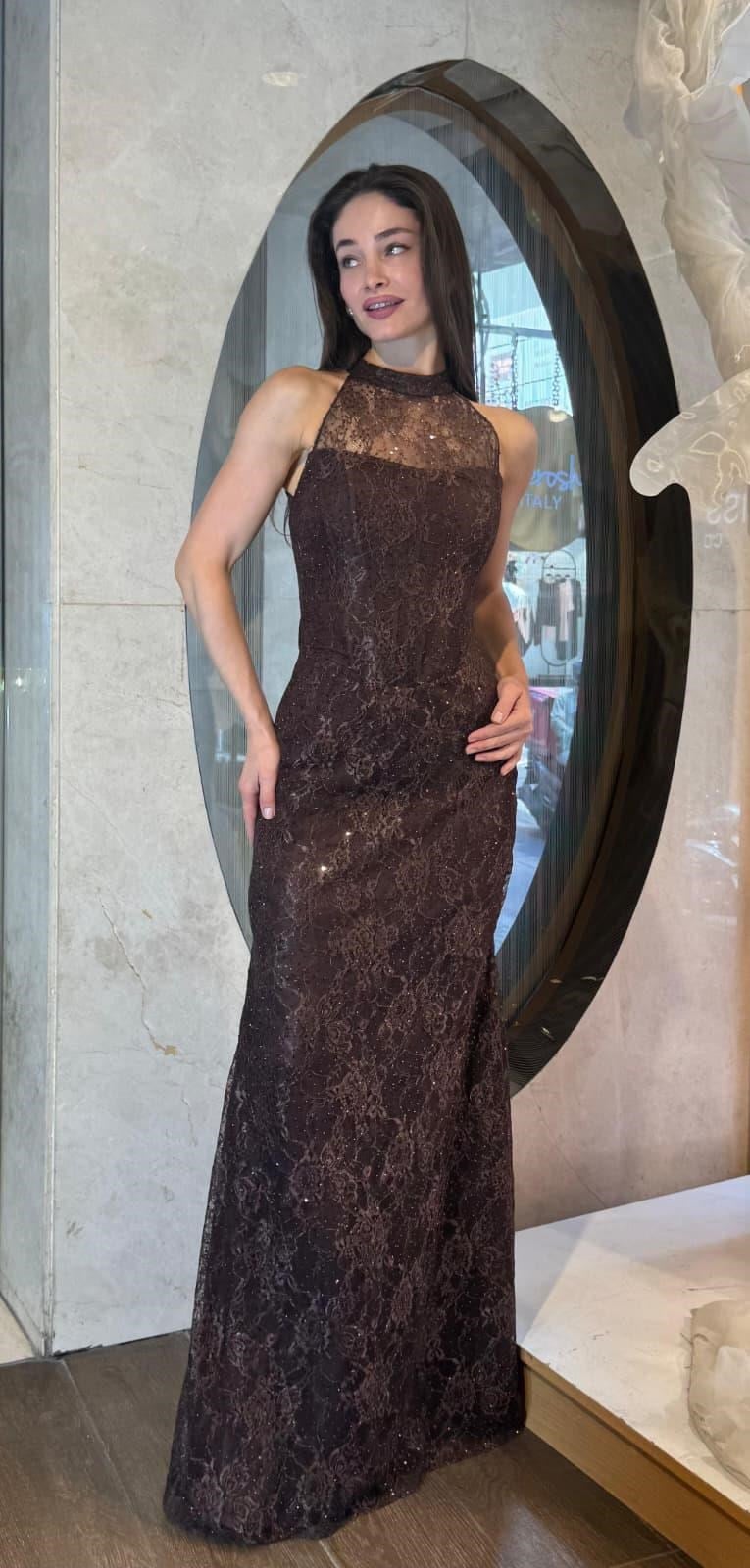 Kahve Halter Yaka Payet İşlemeli Dantel Abiye Abiye P-0000019197-KAHVEKHV38