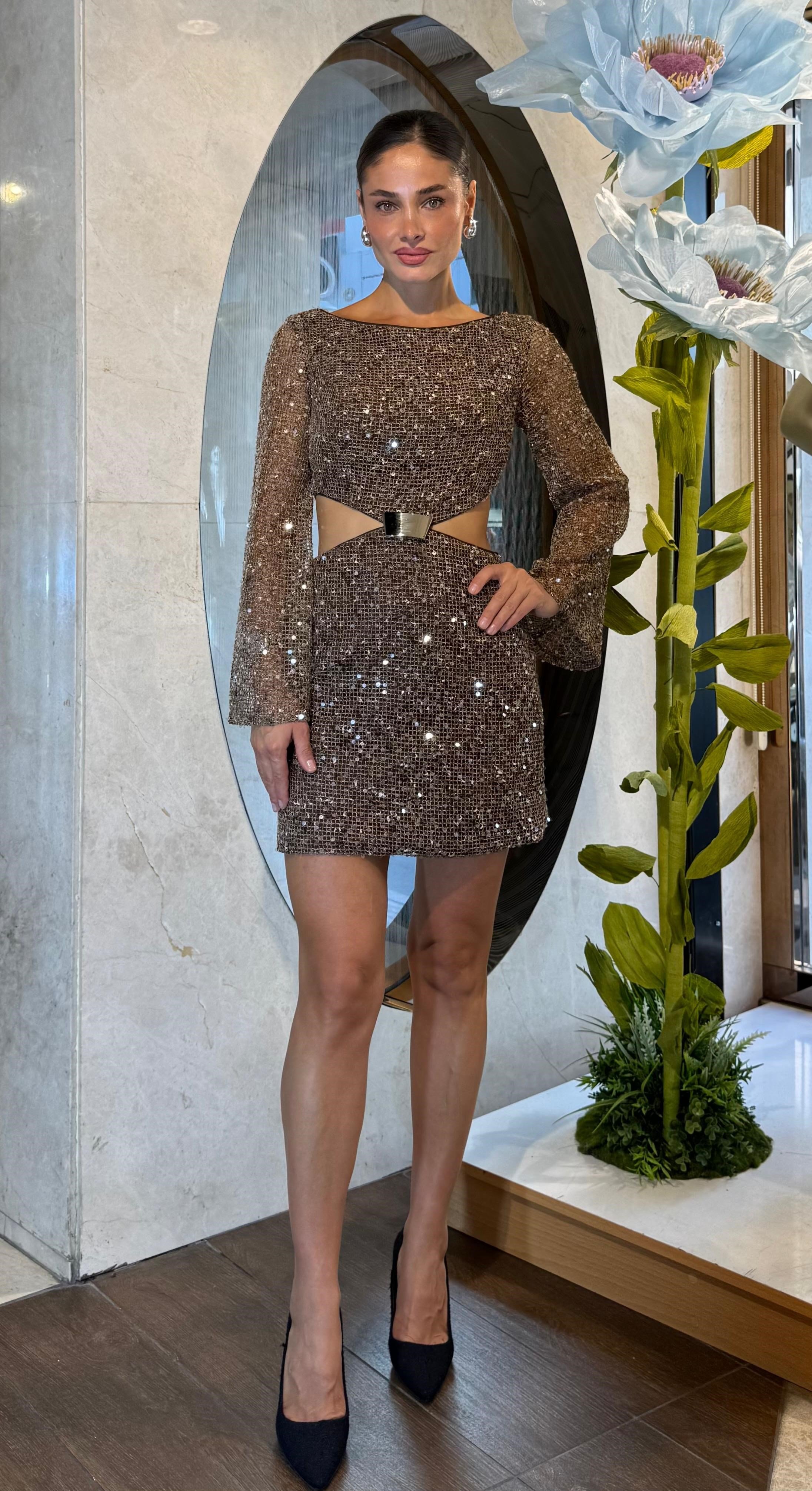 Kahve Uzun Kol Beli Dekolteli Abiye Abiye P-0000017254-KAHVEKHV42