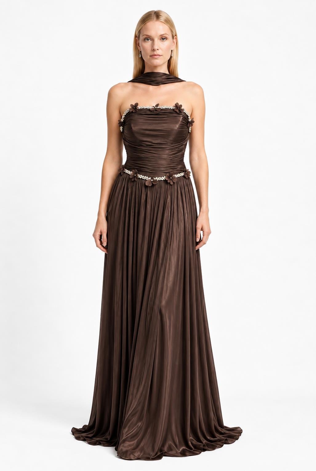 Kahve Yakası Taşlı Straplez Abiye Abiye P-0000019308-KAHVEKHV44