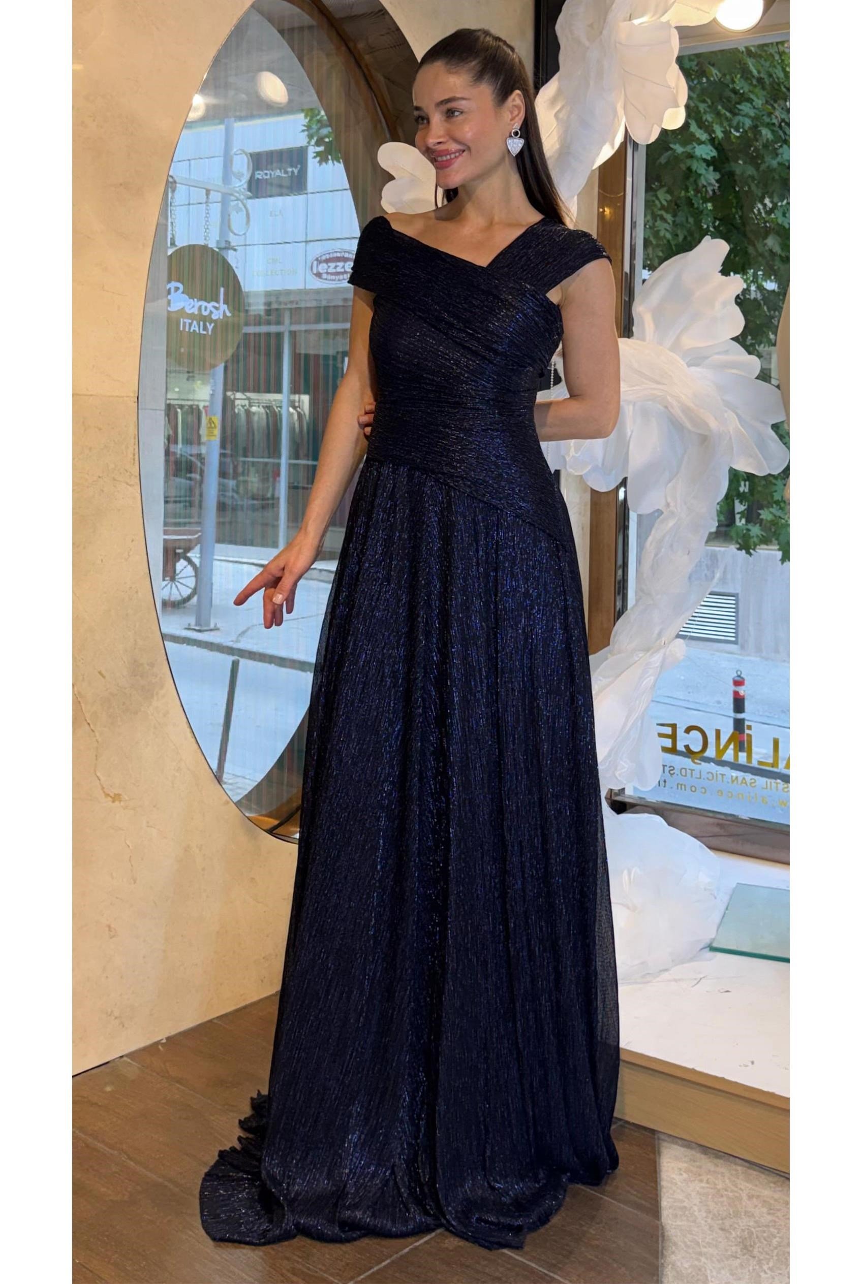 Lacivert Simli Drapeli Abiye Abiye P-0000018200-LACİVERTLAC46