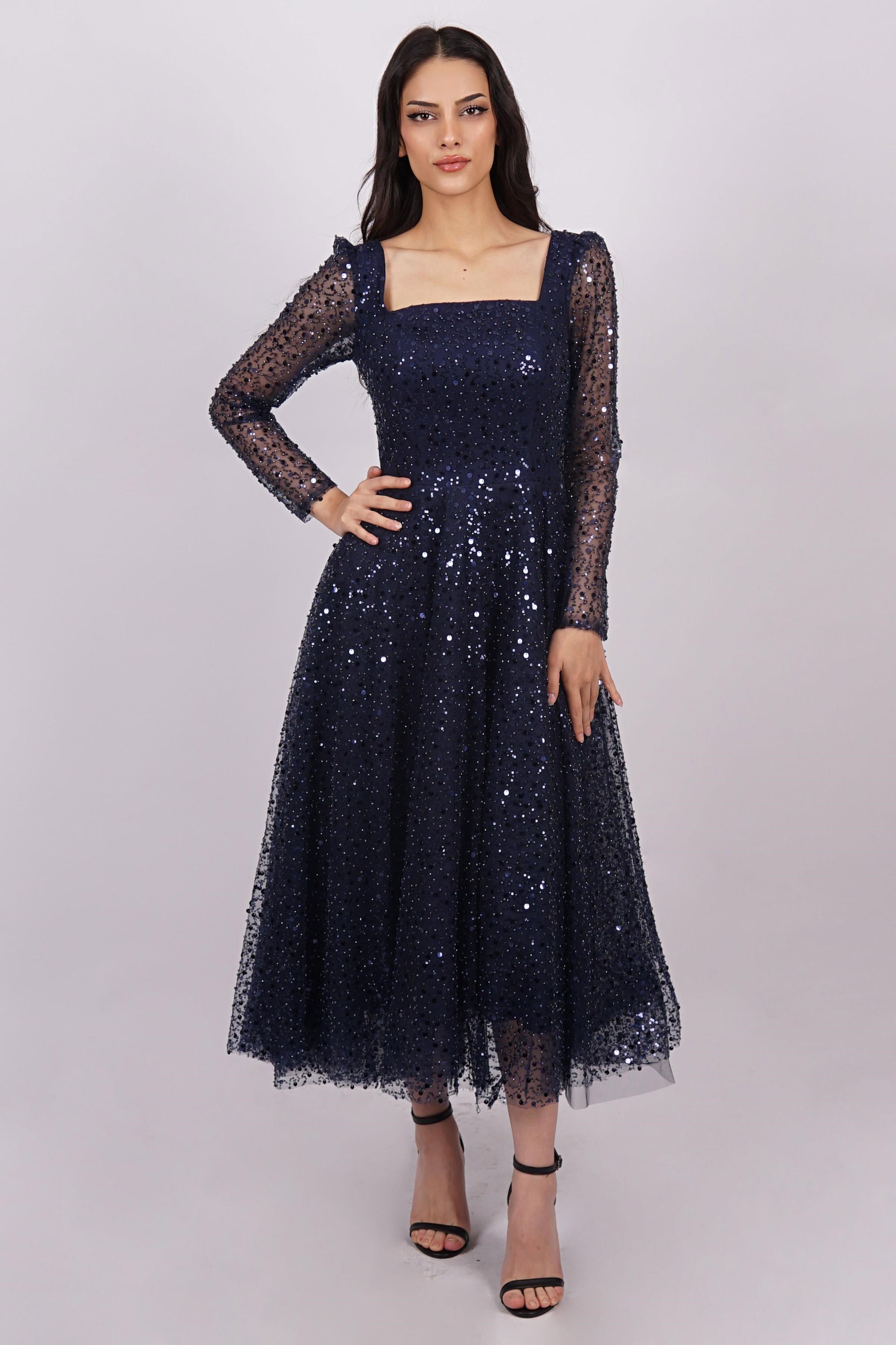 Lacivert Yaka Pullu Abiye Elbise Abiye P-0000014869-LACİVERTLAC38