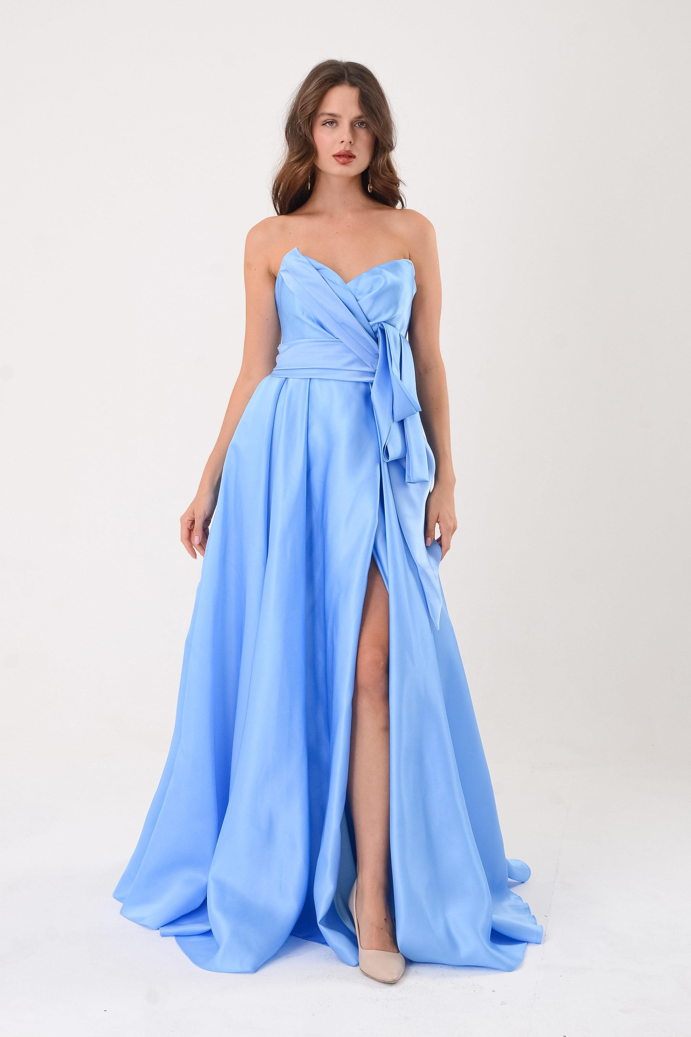 Mavi Straplez Fiyonklu Saten Abiye Elbise Abiye P-0000013541-MAVİMAV38