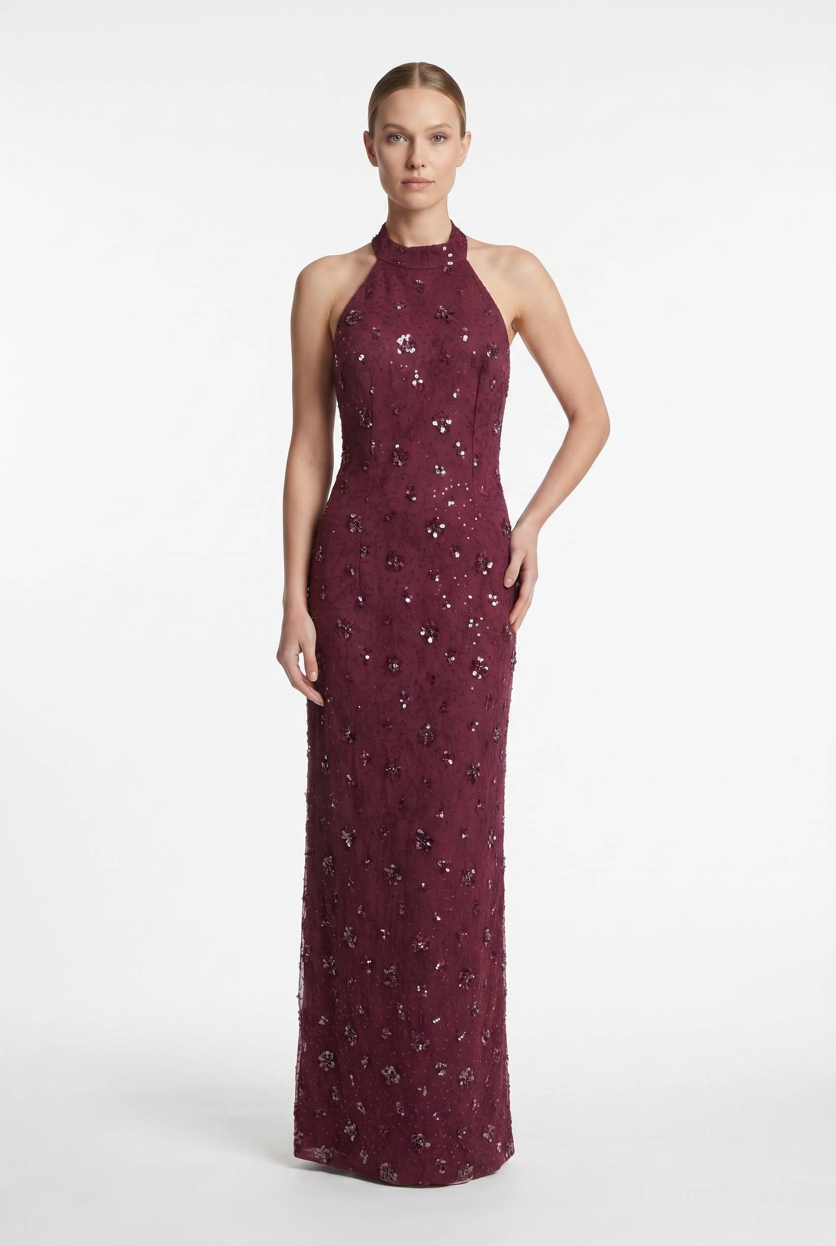 Mürdüm Halter Yaka Payet İşlemeli Abiye Abiye P-0000019037-MÜRDÜMMRD42