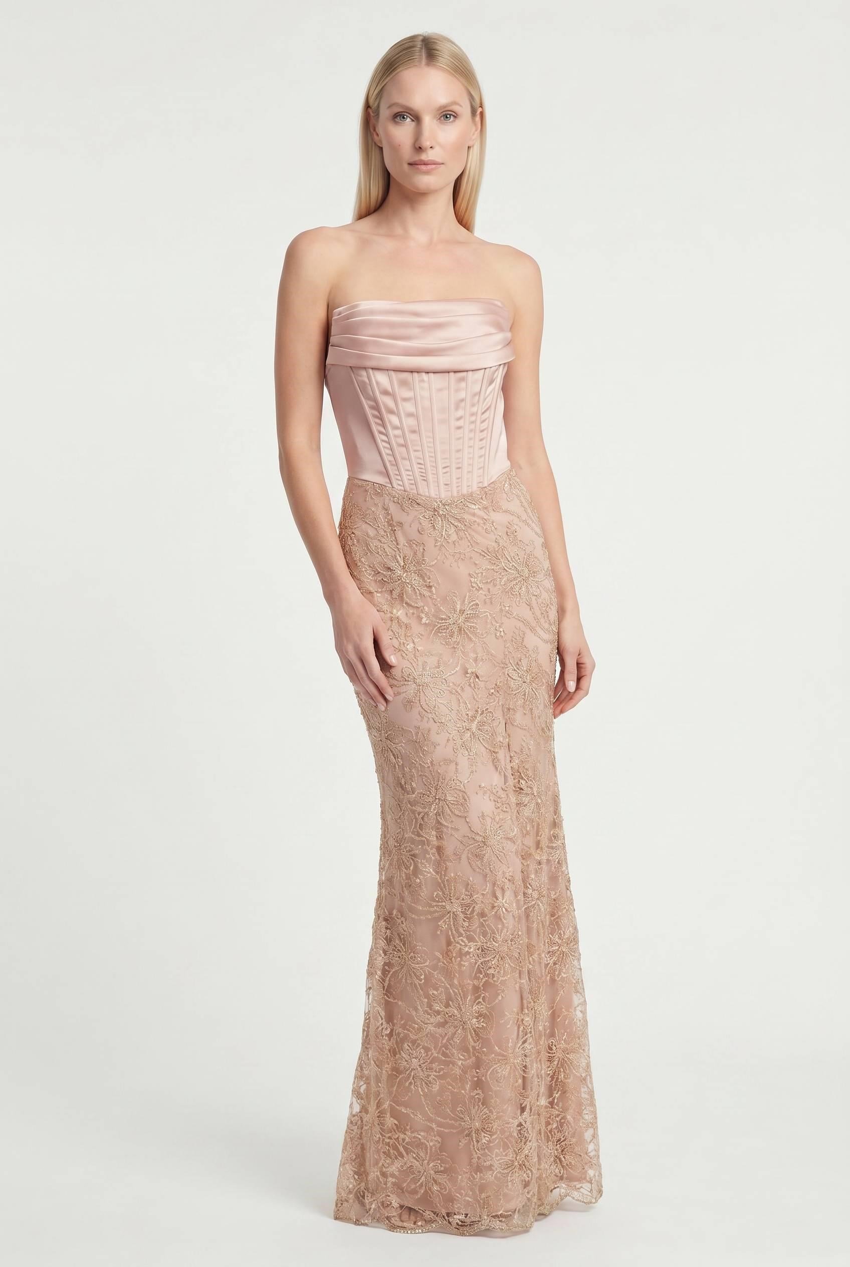 Pudra Eteği Dantel Straplez Abiye Abiye P-0000019012-PUDRAPDR40