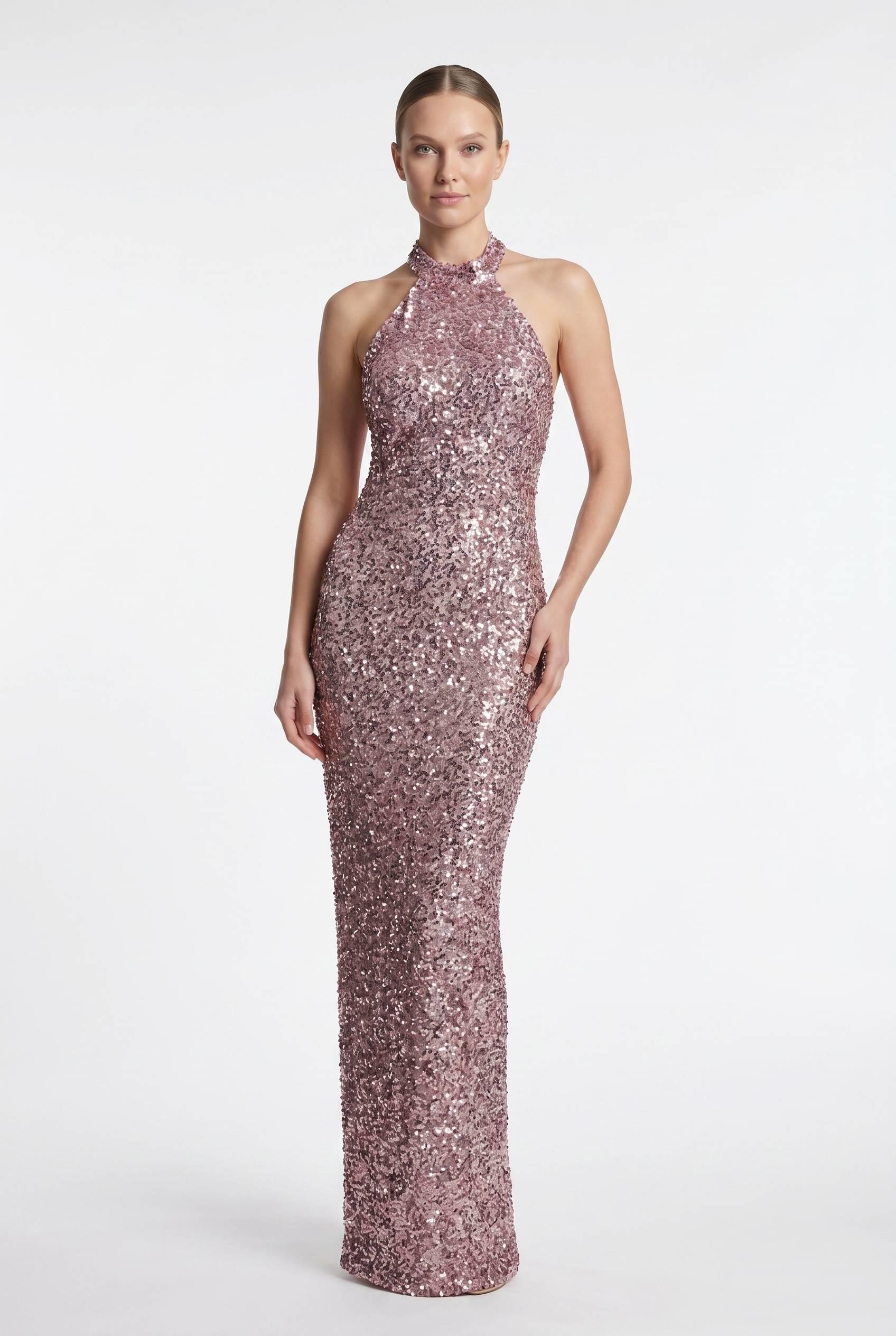Pudra Halter Yaka Payetli Abiye Abiye P-0000014389-PUDRAPDR38