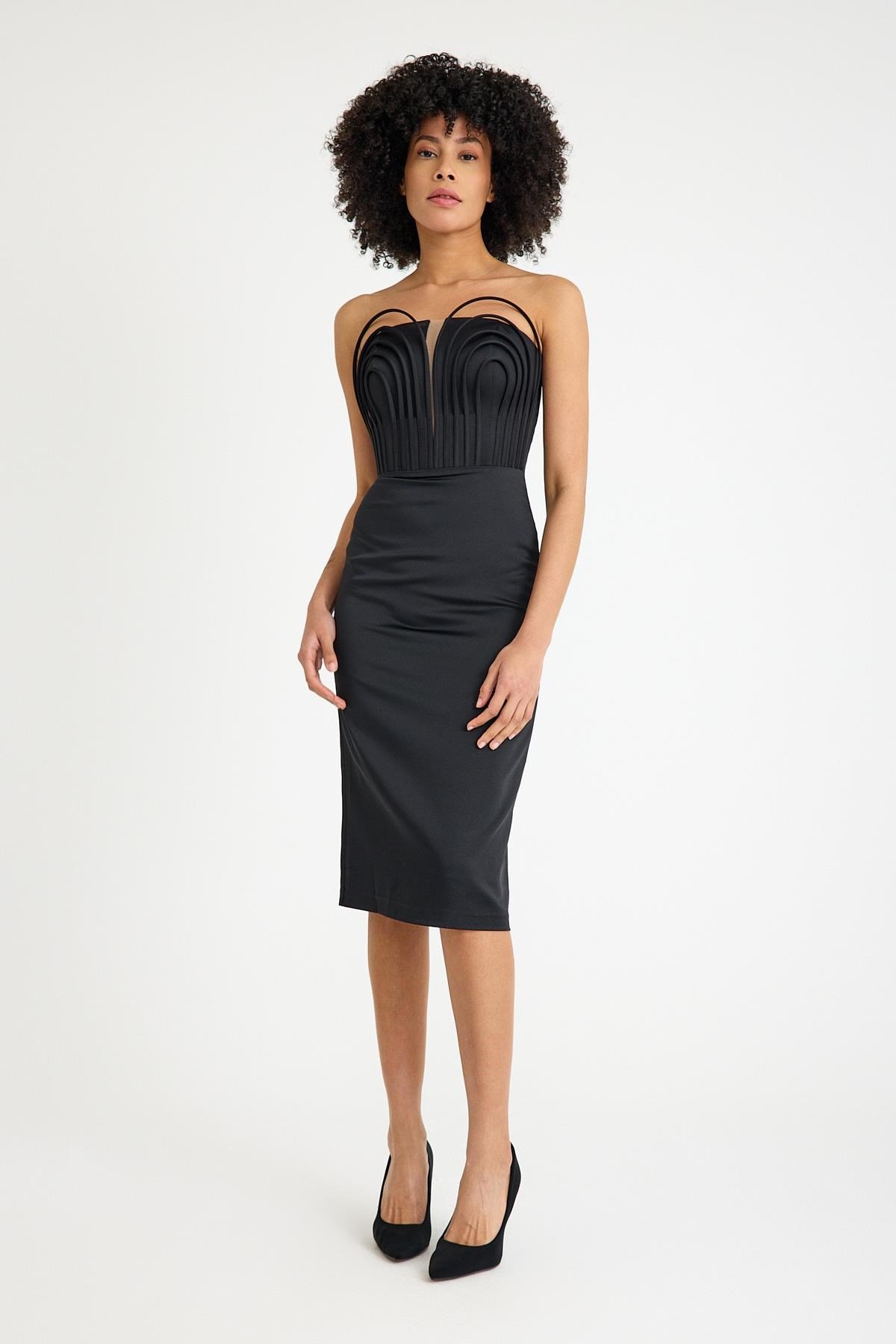 Siyah Balenli Midi Boy Abiye Elbise Abiye P-0000016062-SİYAHSYH38