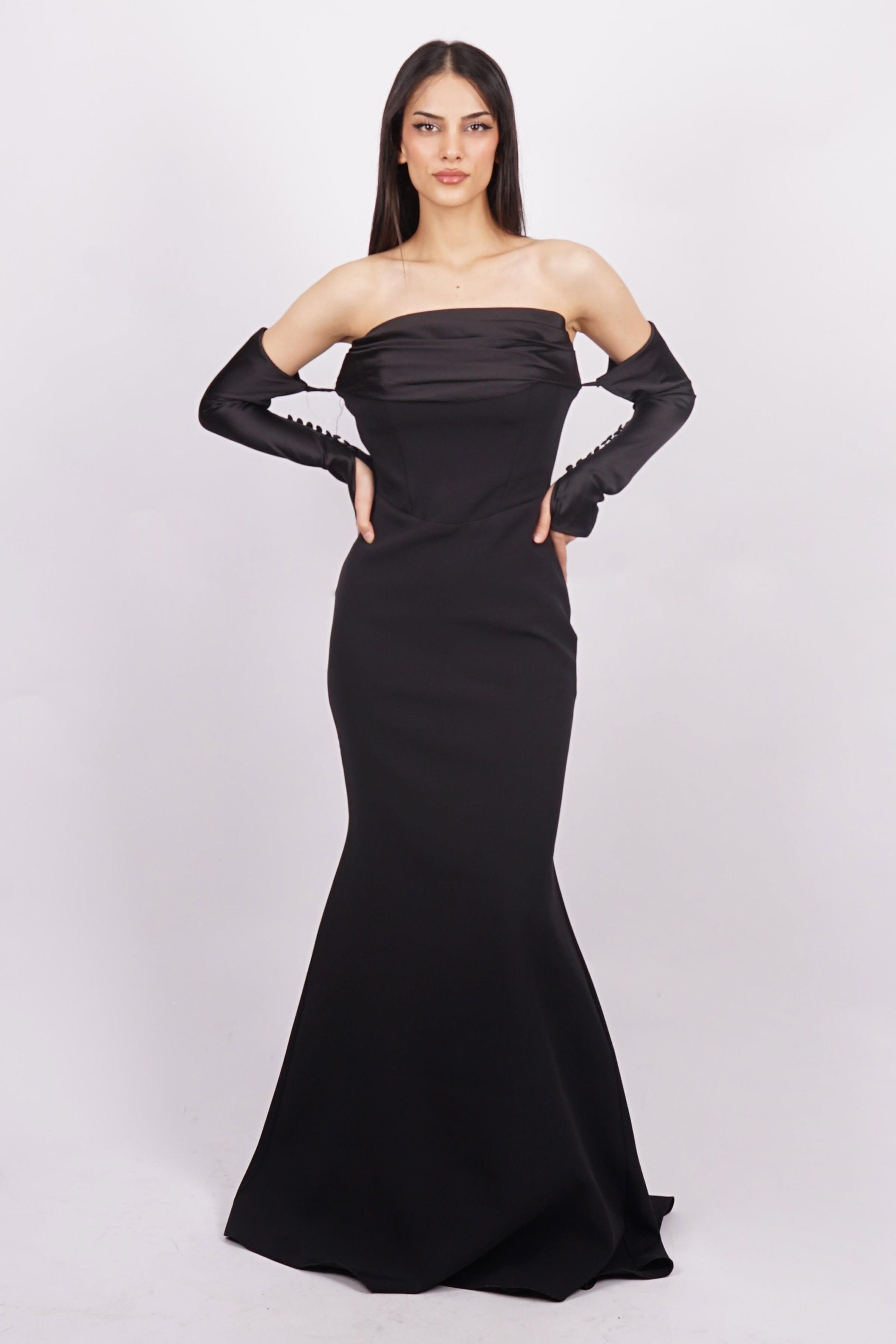 Siyah Straplez Uzun Kol Abiye Elbise Abiye P-0000014994-SİYAHSYH38