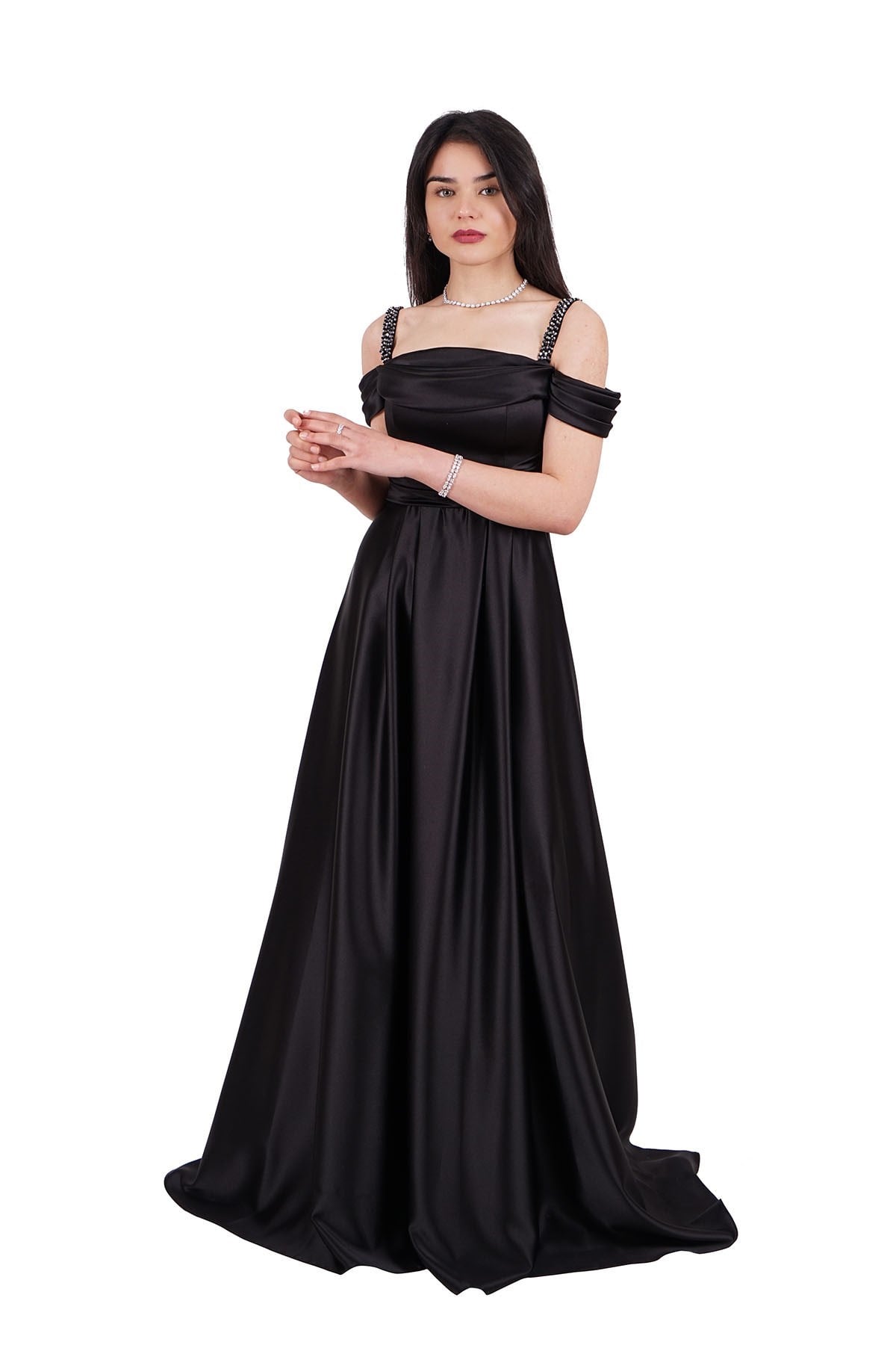 Siyah Taş Askılı Saten Abiye Elbise Abiye P-0000006607-SİYAHSYH40