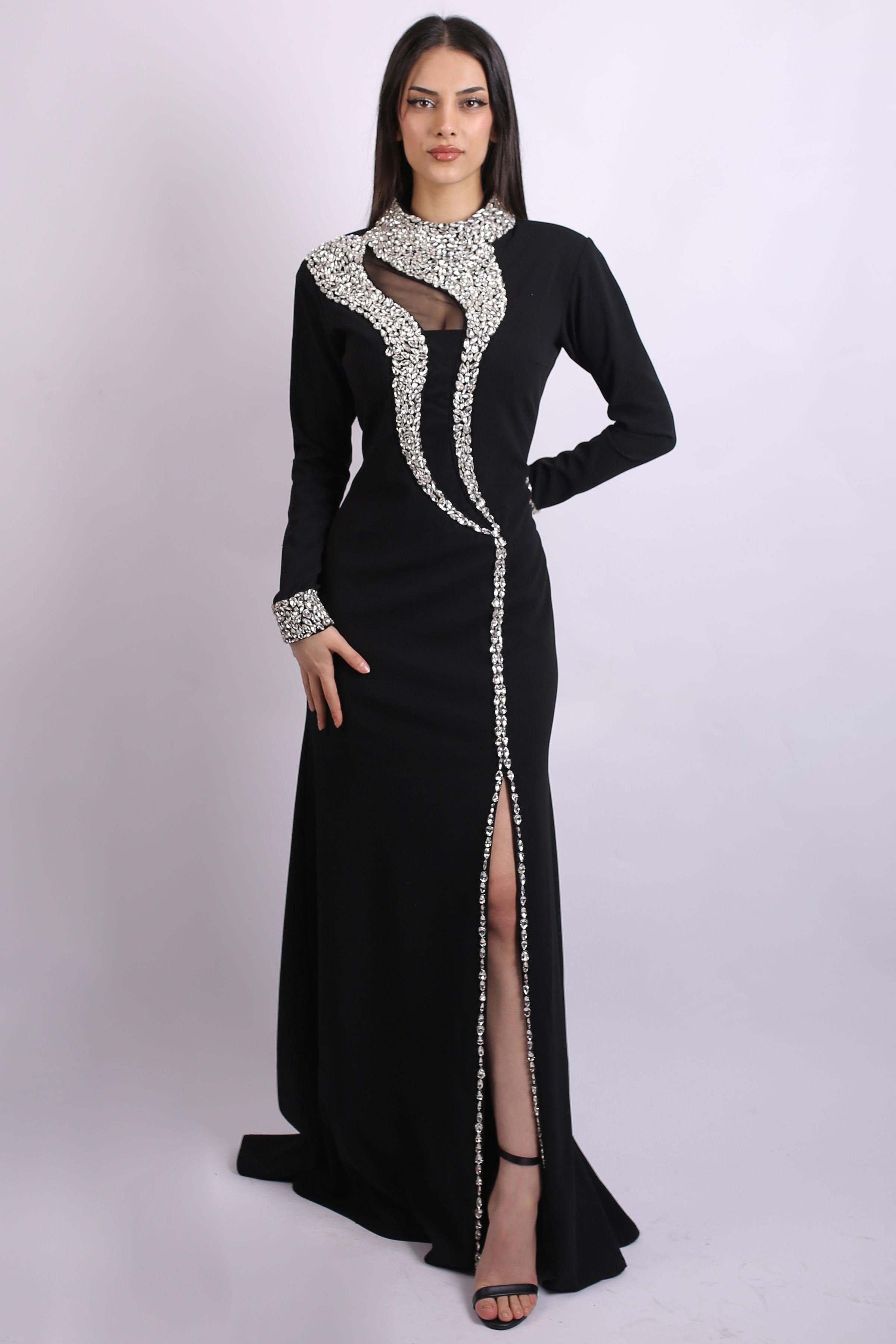 Siyah Yaka Ve Kolları Taşlı Abiye Elbise Abiye P-0000015490-SİYAHSYH46