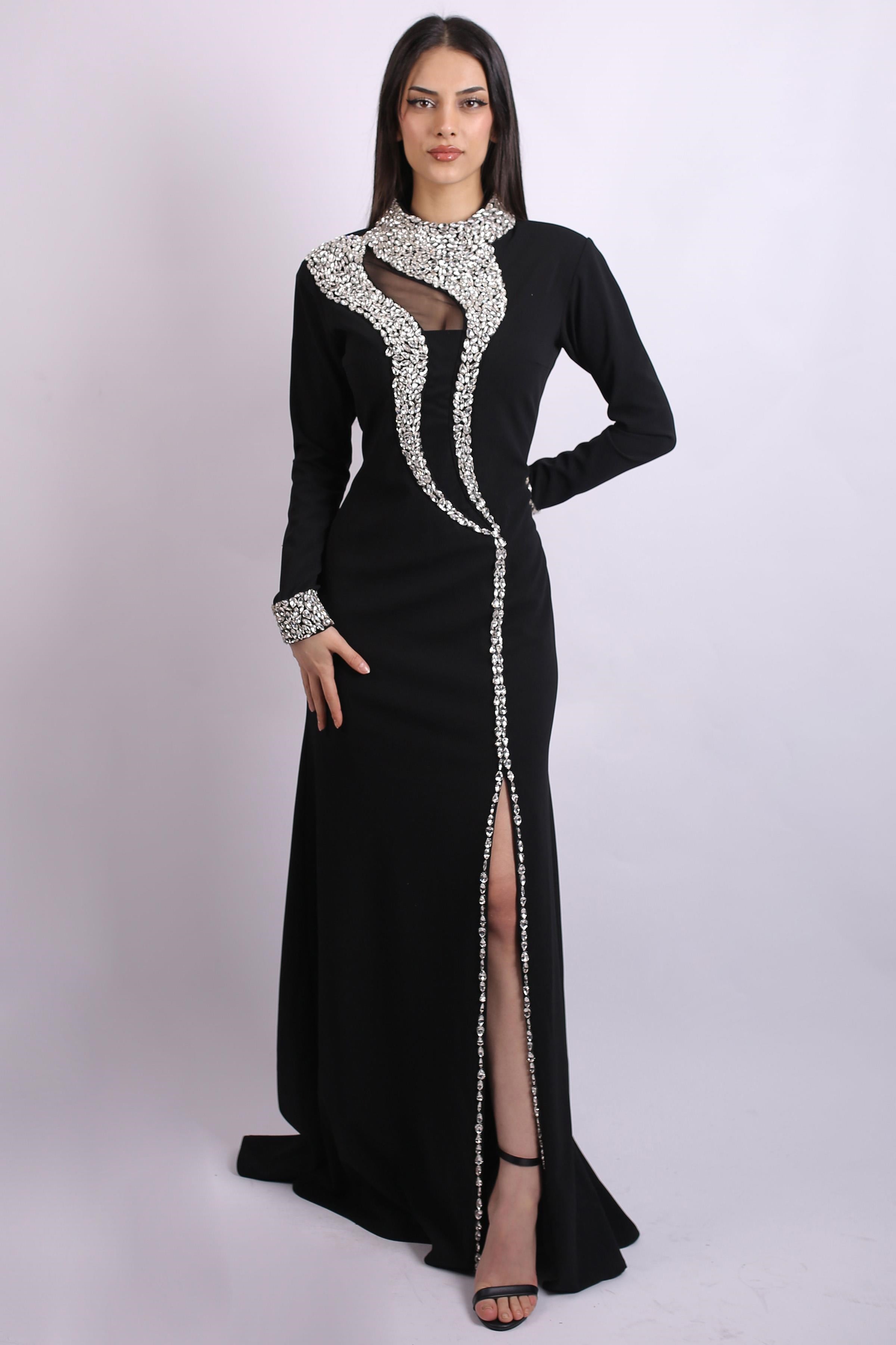 Siyah Yaka Ve Kolları Taşlı Abiye Elbise Abiye P-0000015490-SİYAHSYH46