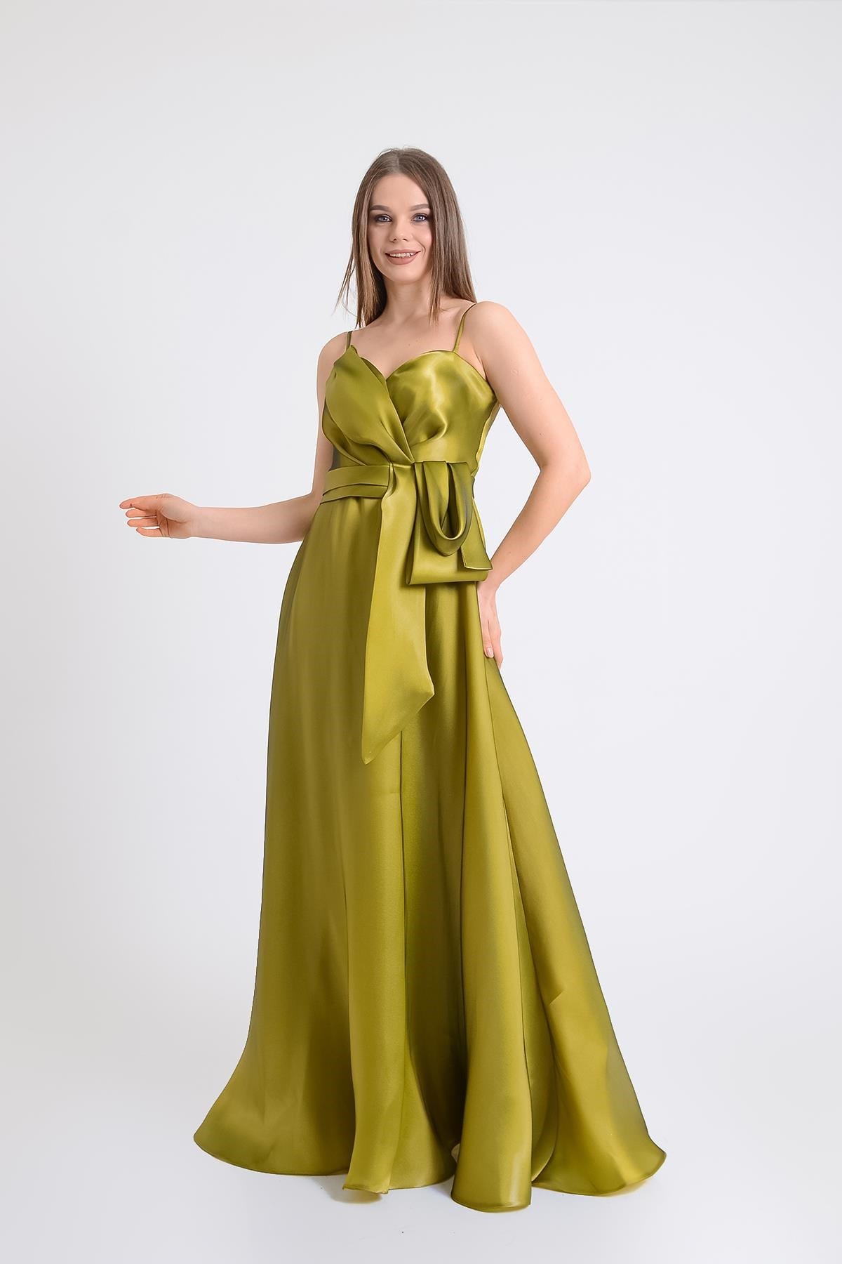 Yağ Yeşili Organize Kumaş Beli Fiyonklu Abiye Elbise Abiye P-0000009737-YAĞ YEŞİLİYAĞ44