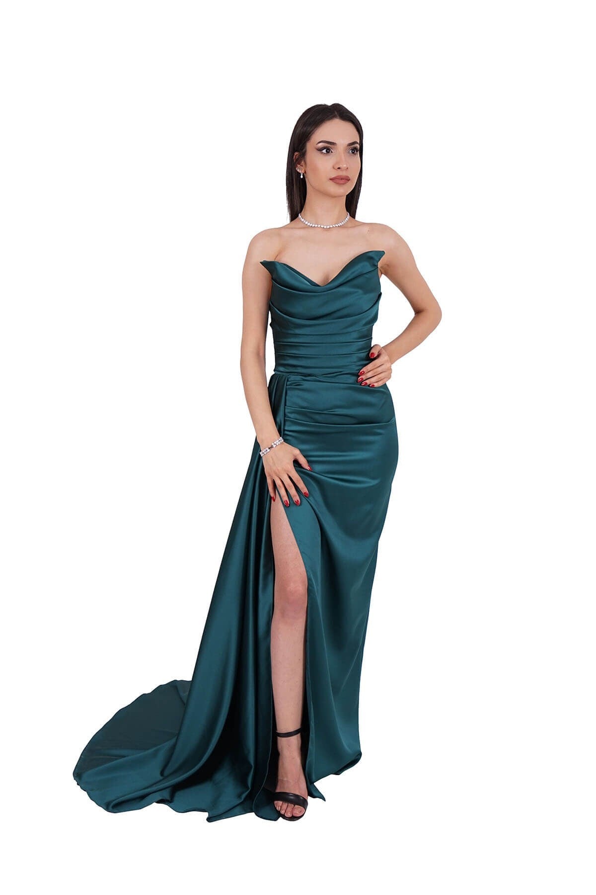 Zümrüt Yırtmaçlı Saten Abiye Abiye P-0000005275-ZÜMRÜTzmr38