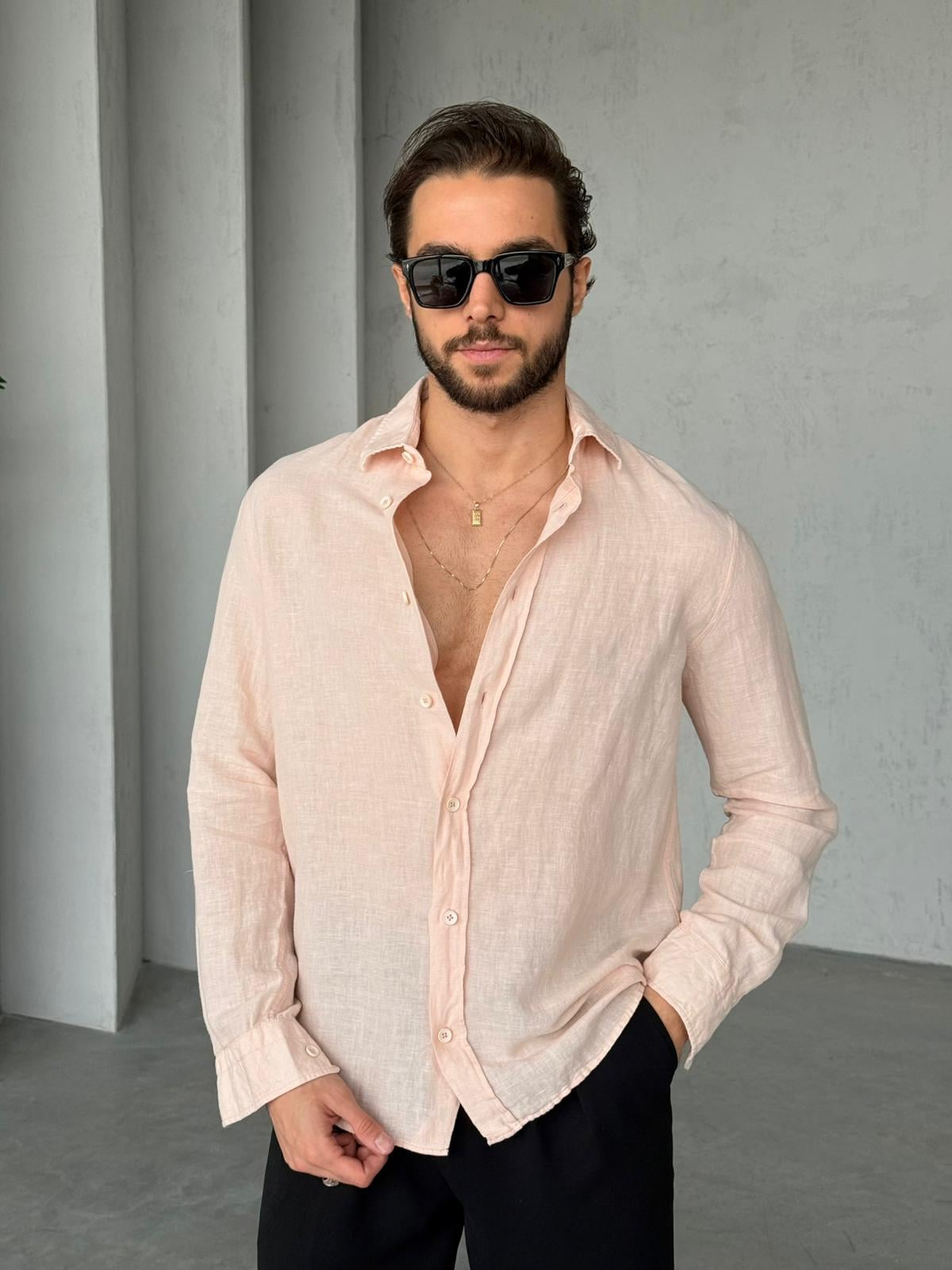 %100 Pamuk Keten Gömlek G - Açık Pembe