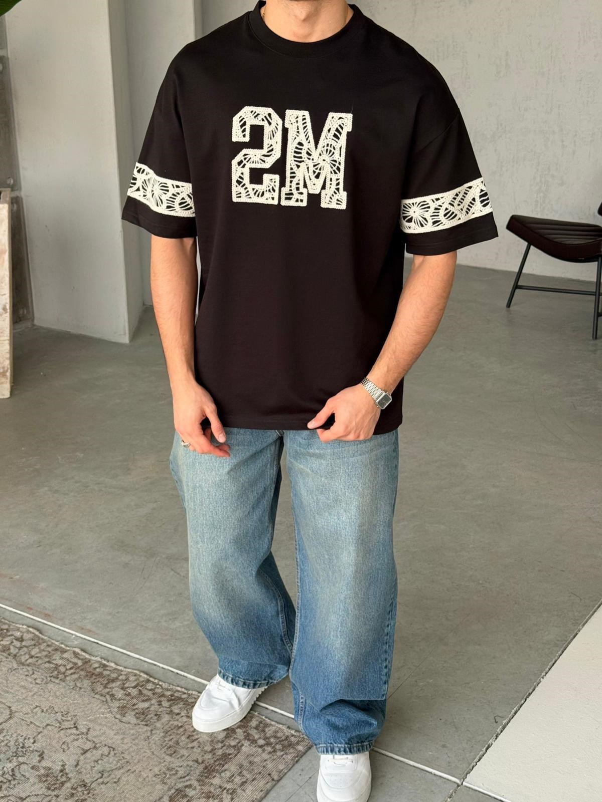 2M Nakışlı Oversize T-Shirt - Siyah