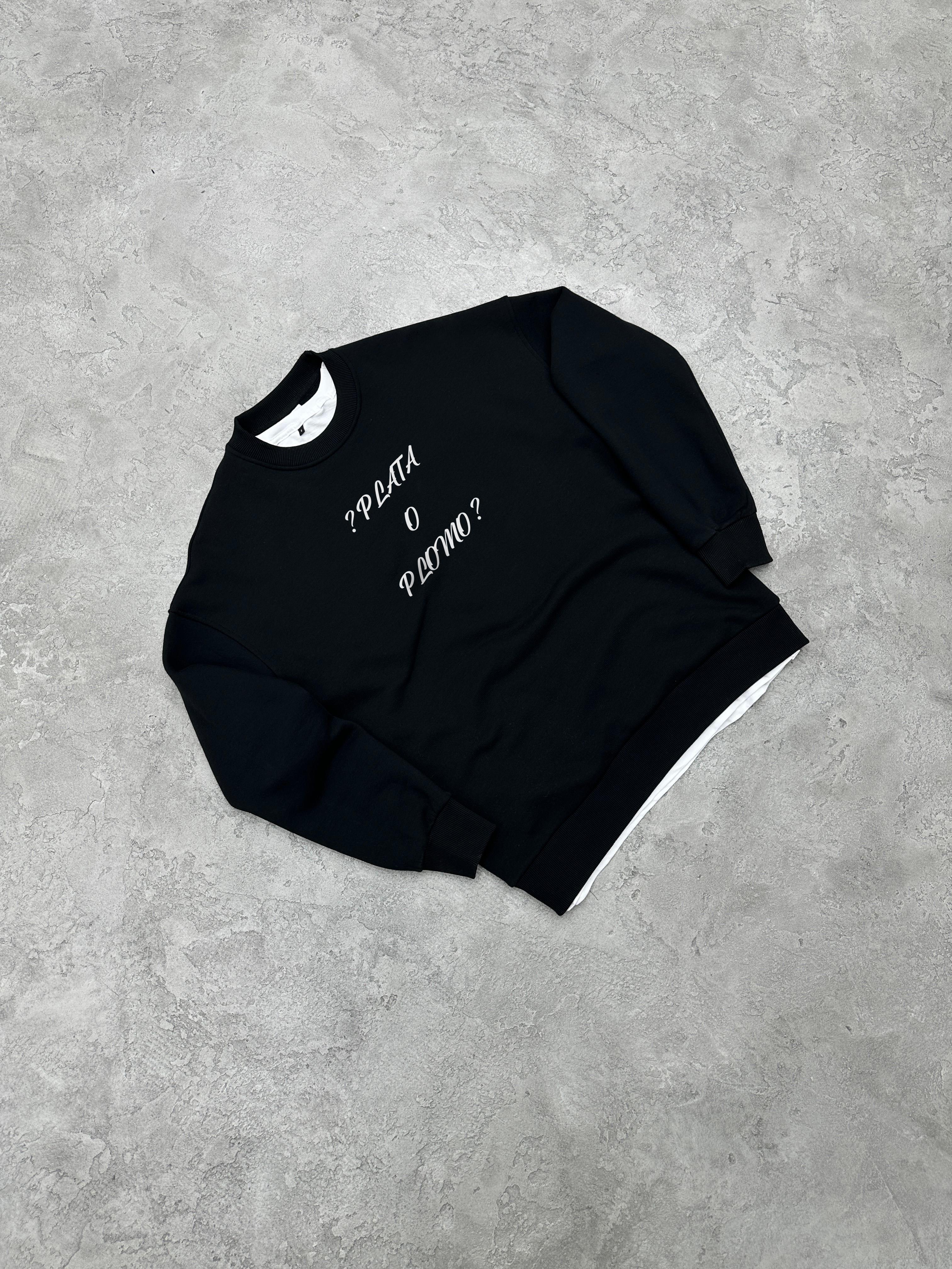 3 İplik Şardonlu Bisiklet Yaka PLATAORPLOMO Sweatshirt - Siyah