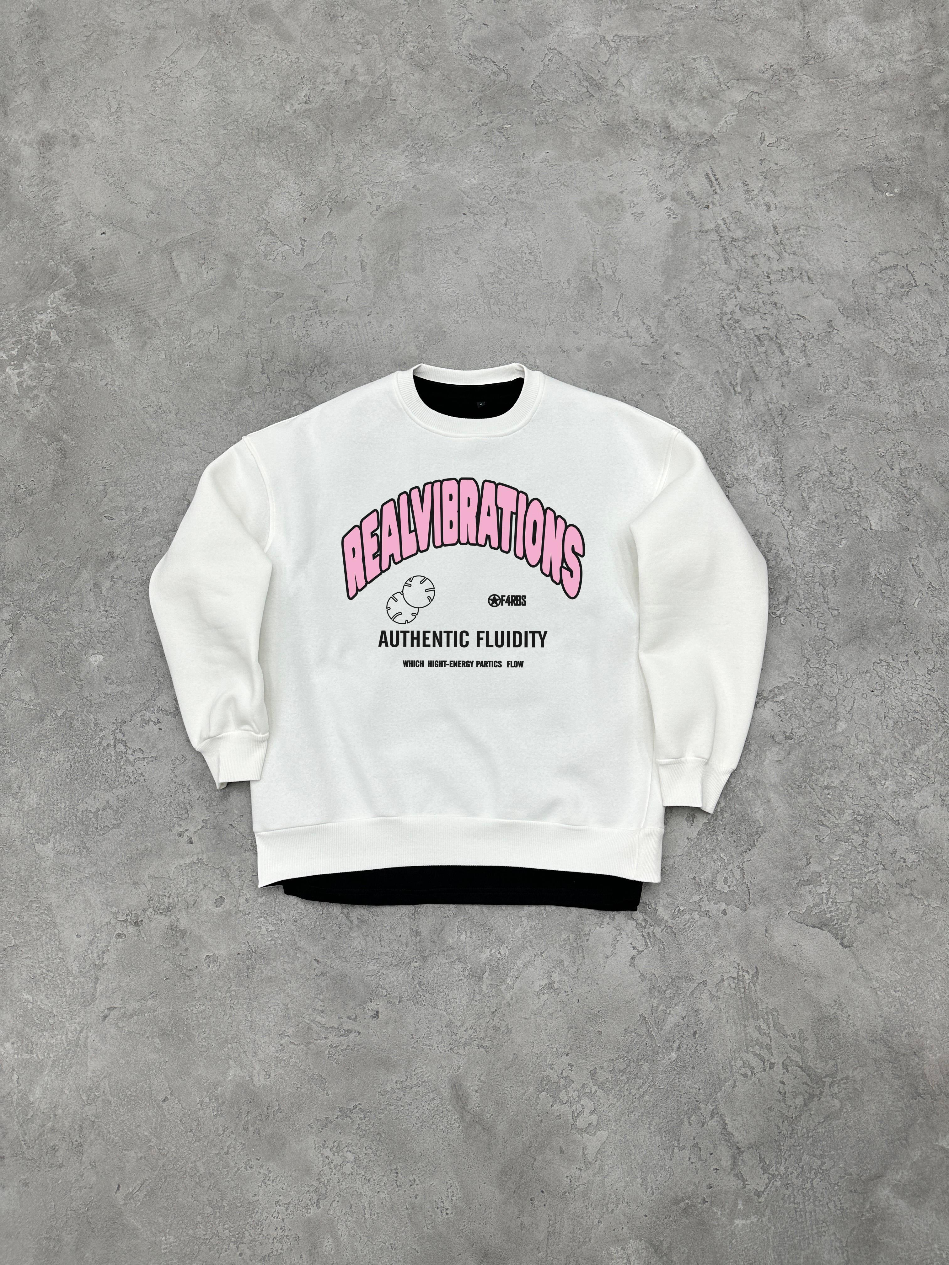 3 İplik Şardonlu Bisiklet Yaka REALVIBRATION Sweatshirt - Beyaz