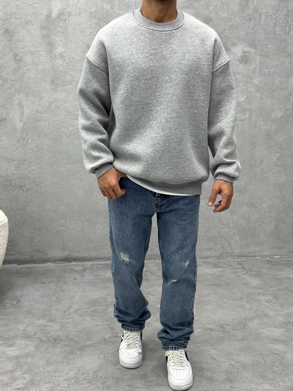 3 İplik Şardonlu Bisiklet Yaka Sweatshirt - Gri