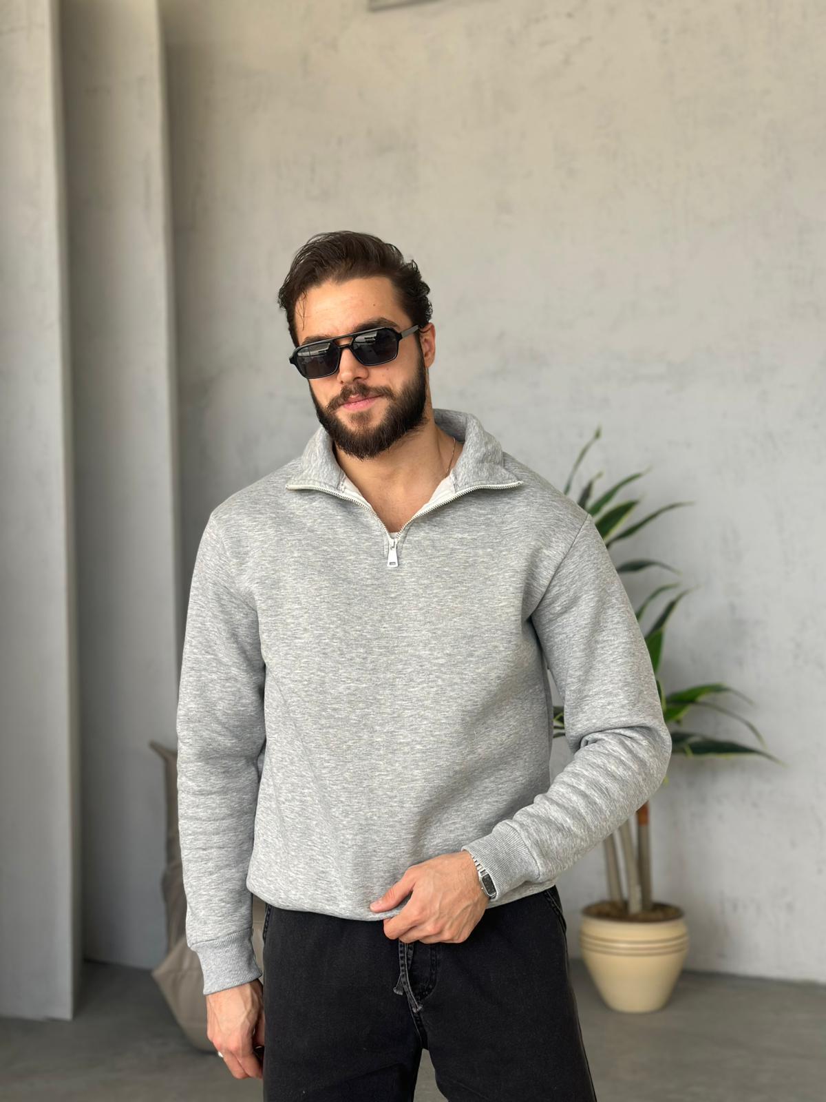 3 İplik Şardonlu Fermuarlı Sweatshirt - Gri