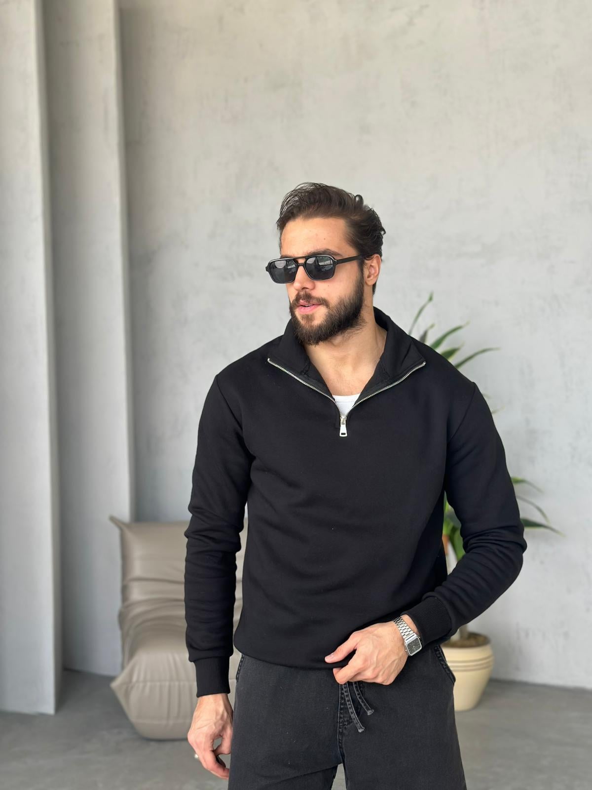 3 İplik Şardonlu Fermuarlı Sweatshirt - Siyah