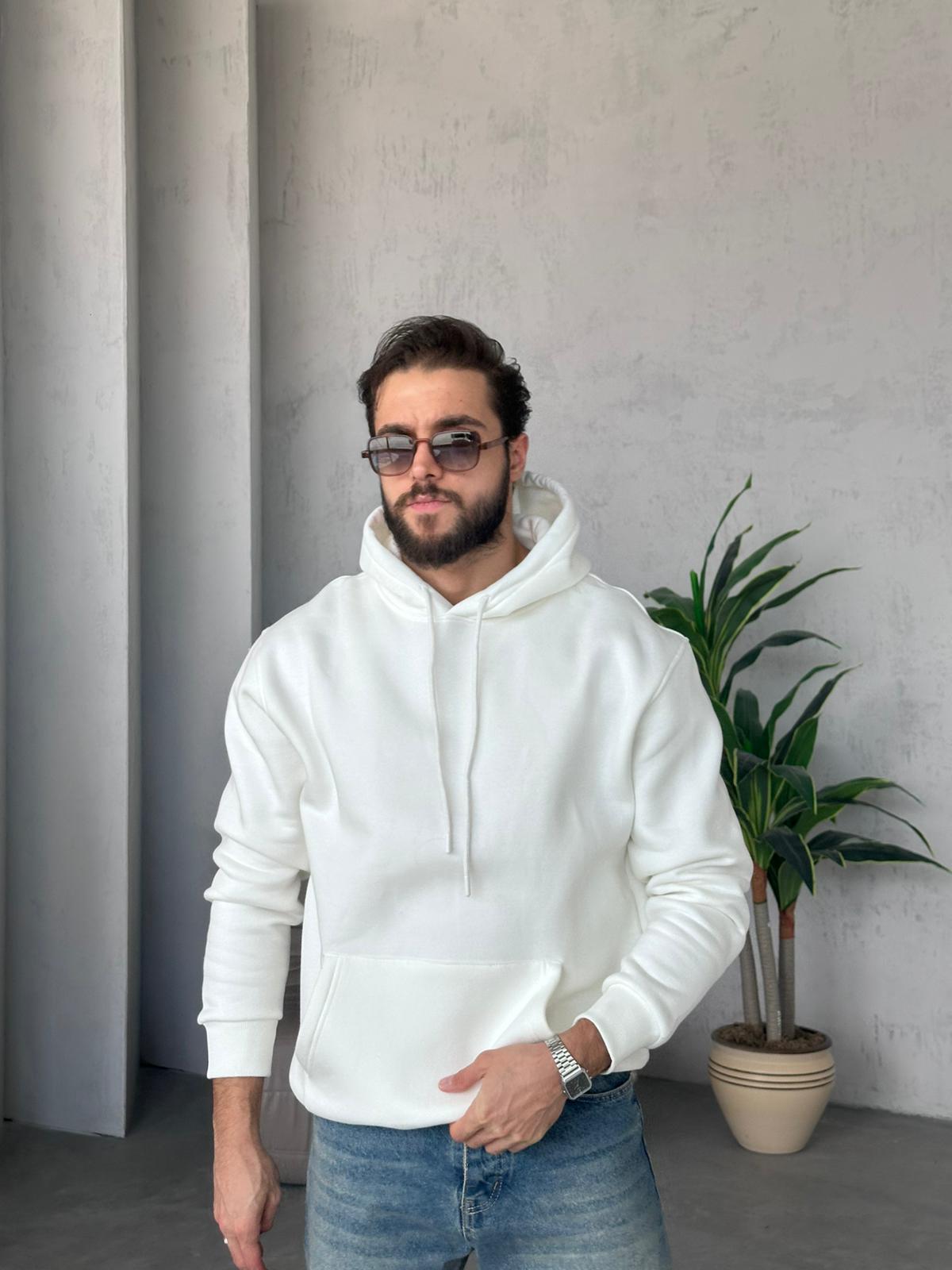 3 İplik Şardonlu Kapüşonlu Sweatshirt - Beyaz