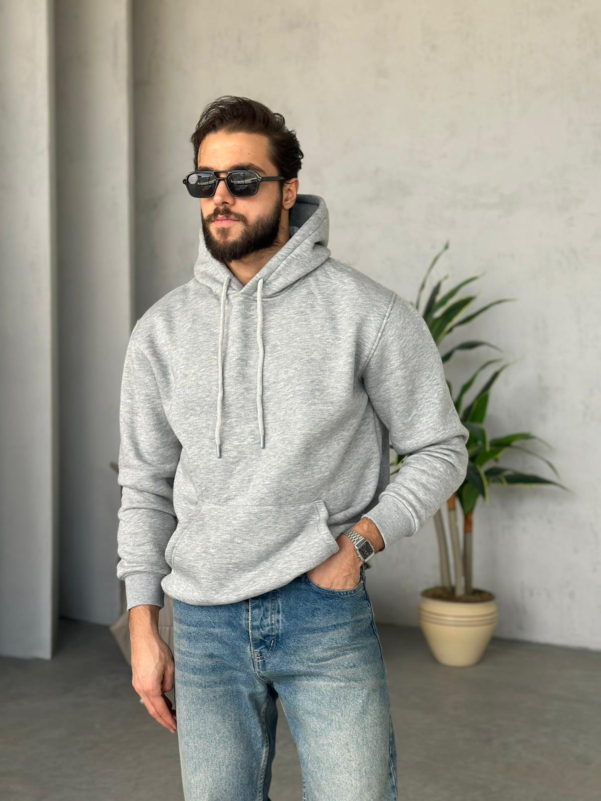 3 İplik Şardonlu Kapüşonlu Sweatshirt - Gri