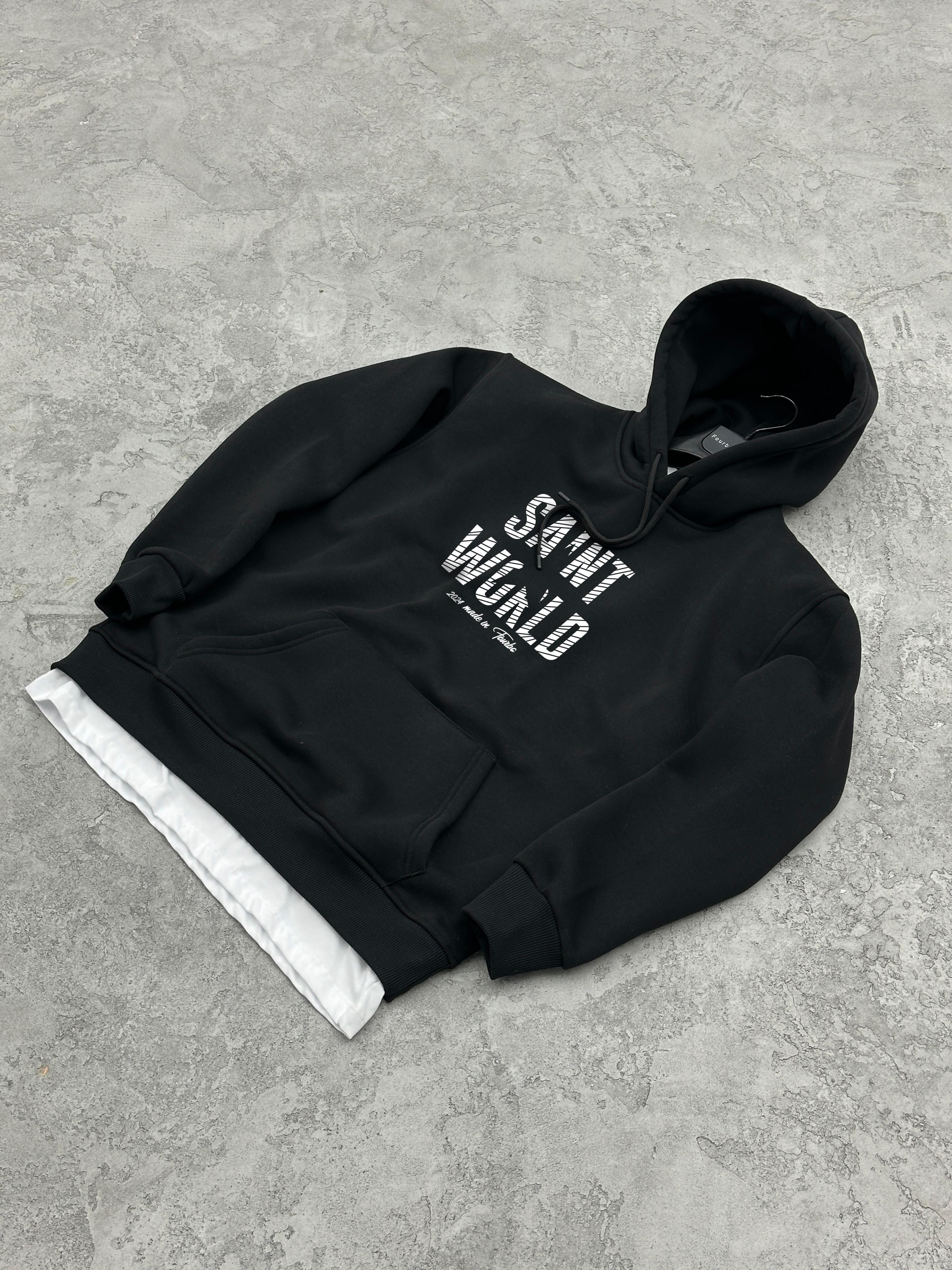 3 İplik Şardonlu SAINT Sweatshirt - Siyah