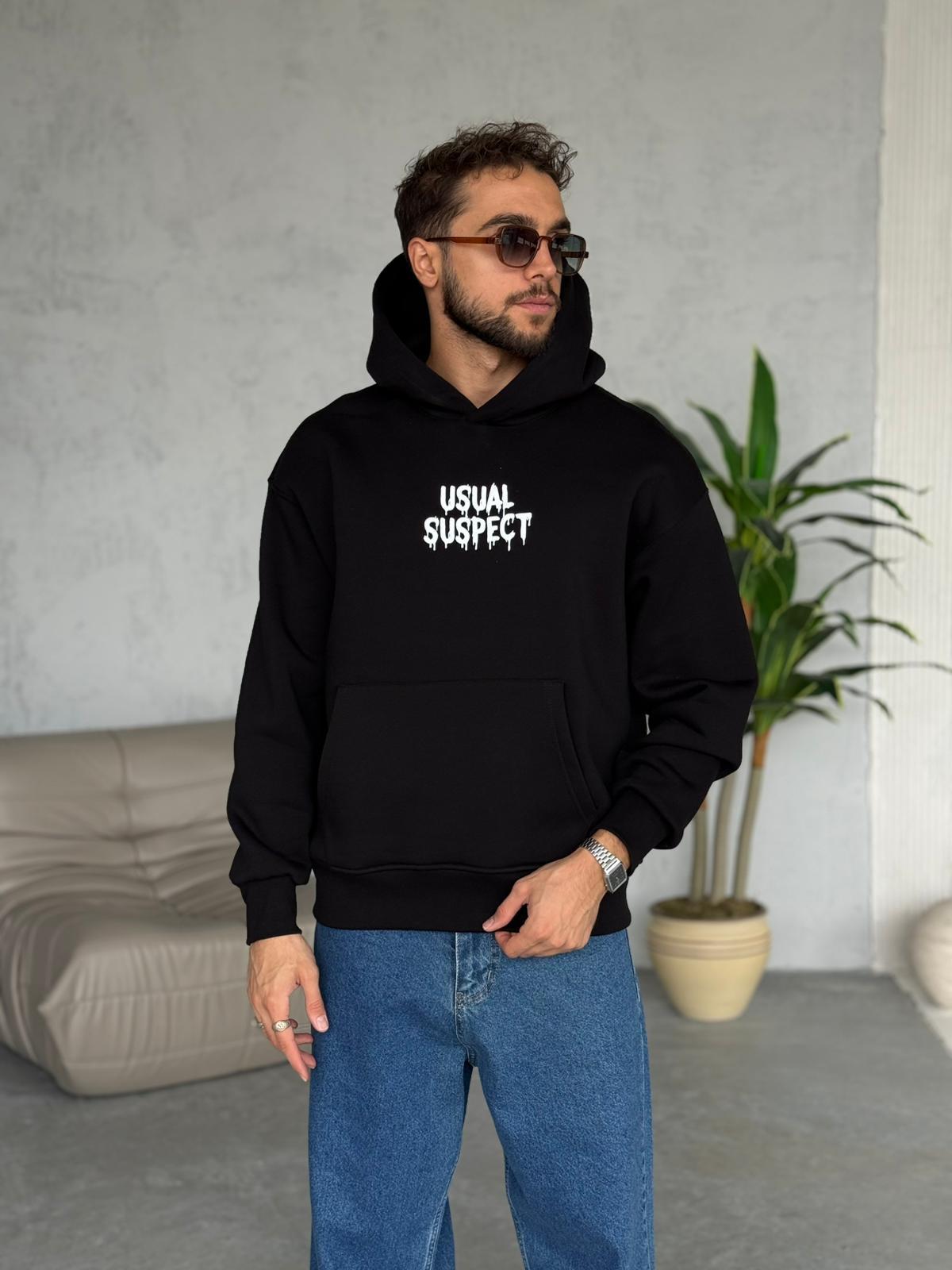 BASKILI 3 İPLİK ŞARDONLU SWEATSHIRT SİYAH