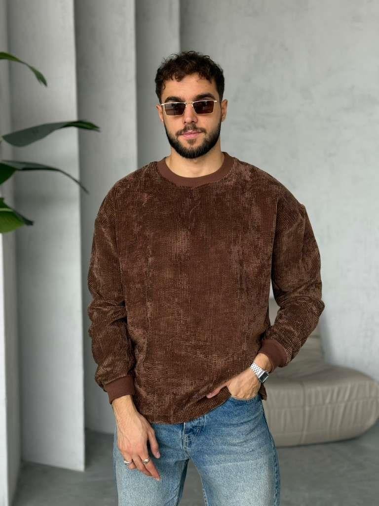 BİSİKLET YAKA KADİFE KUMAŞ SWEAT - KAHVE