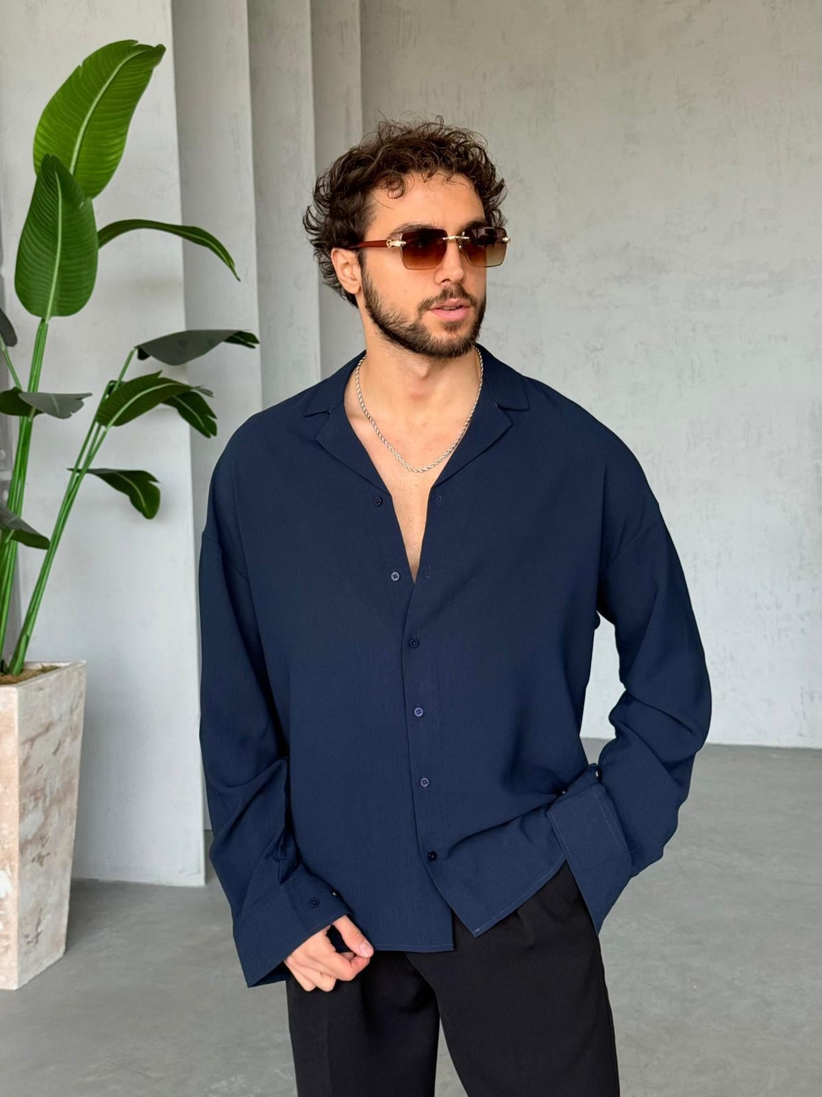 Camp Collar Yaka Basic Oversize Gömlek M - Lacivert