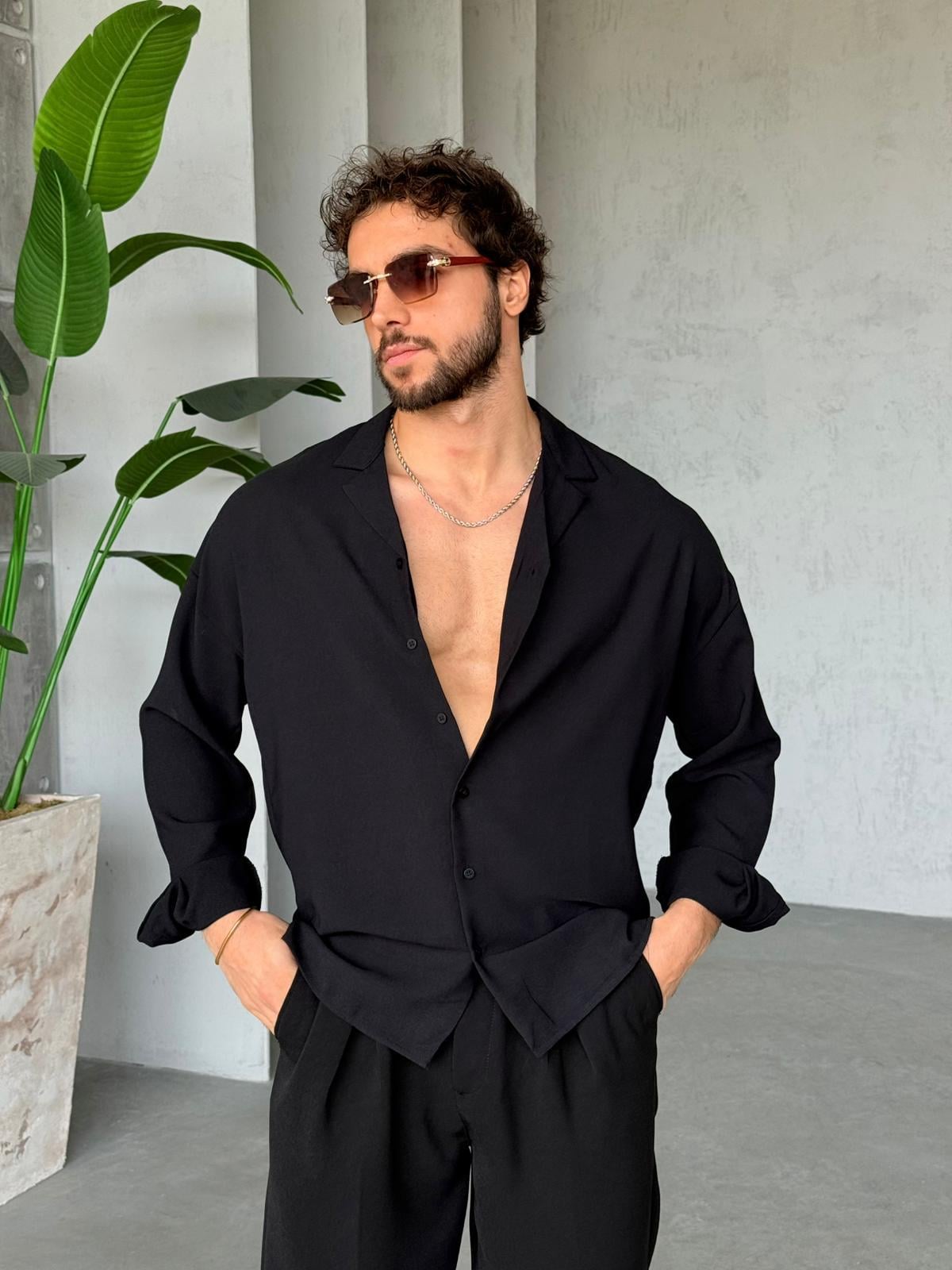 Camp Collar Yaka Basic Oversize Gömlek M - Siyah