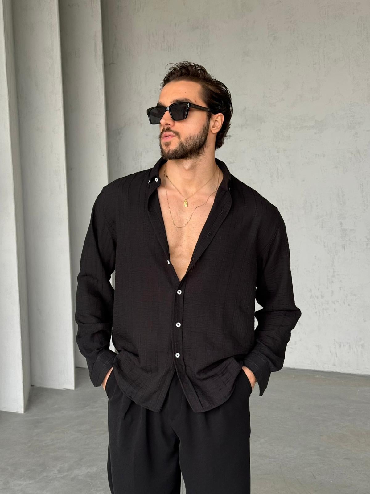 Çizgili Oversize Dokulu Gömlek G - Siyah