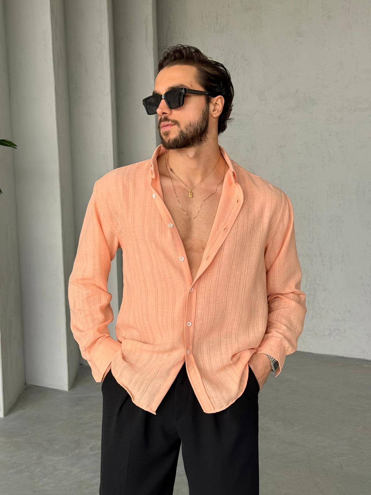 Çizgili Oversize Dokulu Gömlek G - Somon