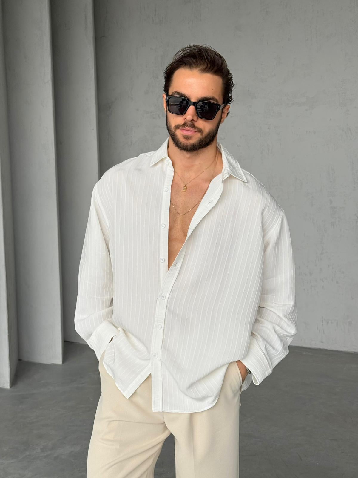 Çizgili Oversize Gömlek G - Beyaz