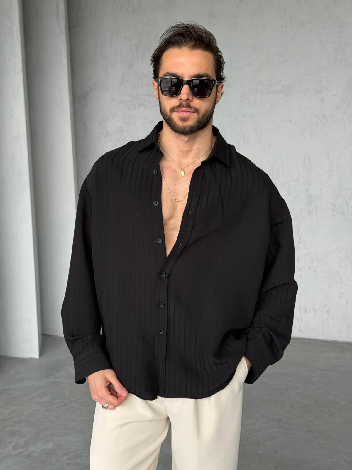 Çizgili Oversize Gömlek G - Siyah