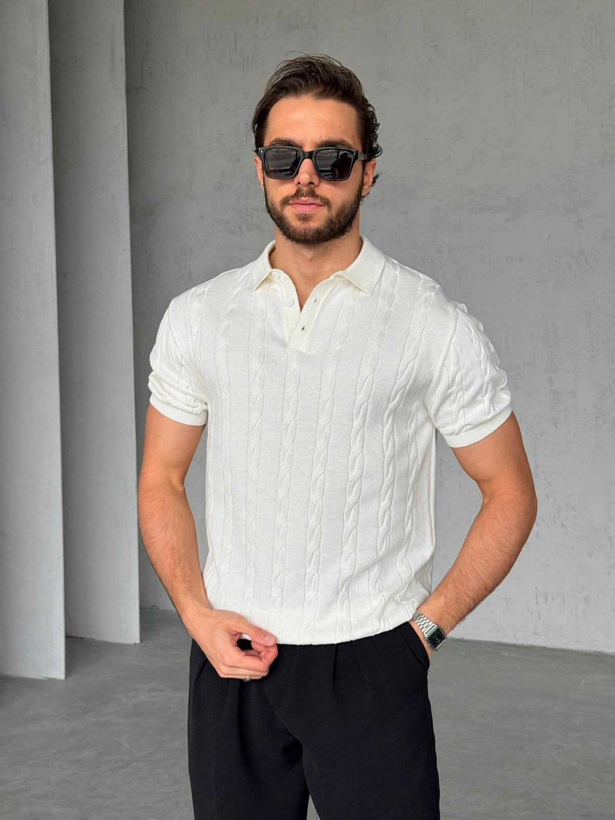 Desenli Polo Yaka Triko G - Beyaz