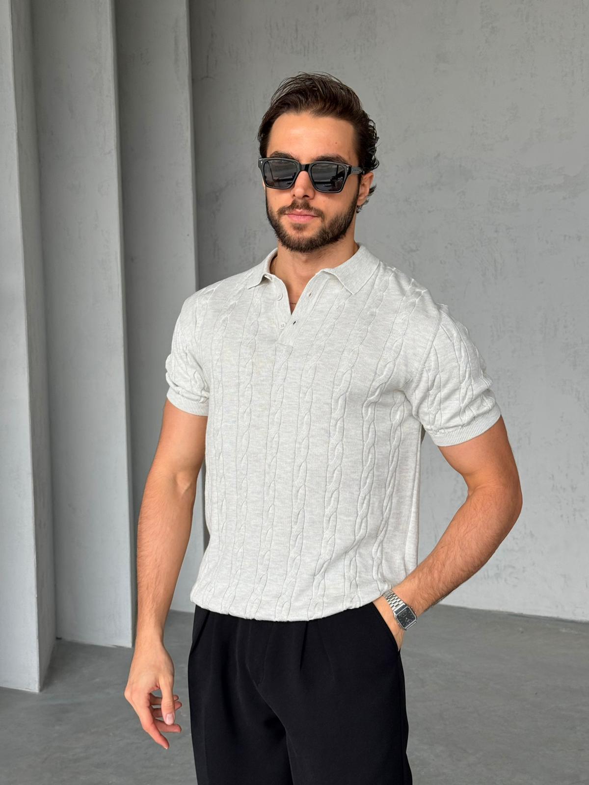 Desenli Polo Yaka Triko G - Gri