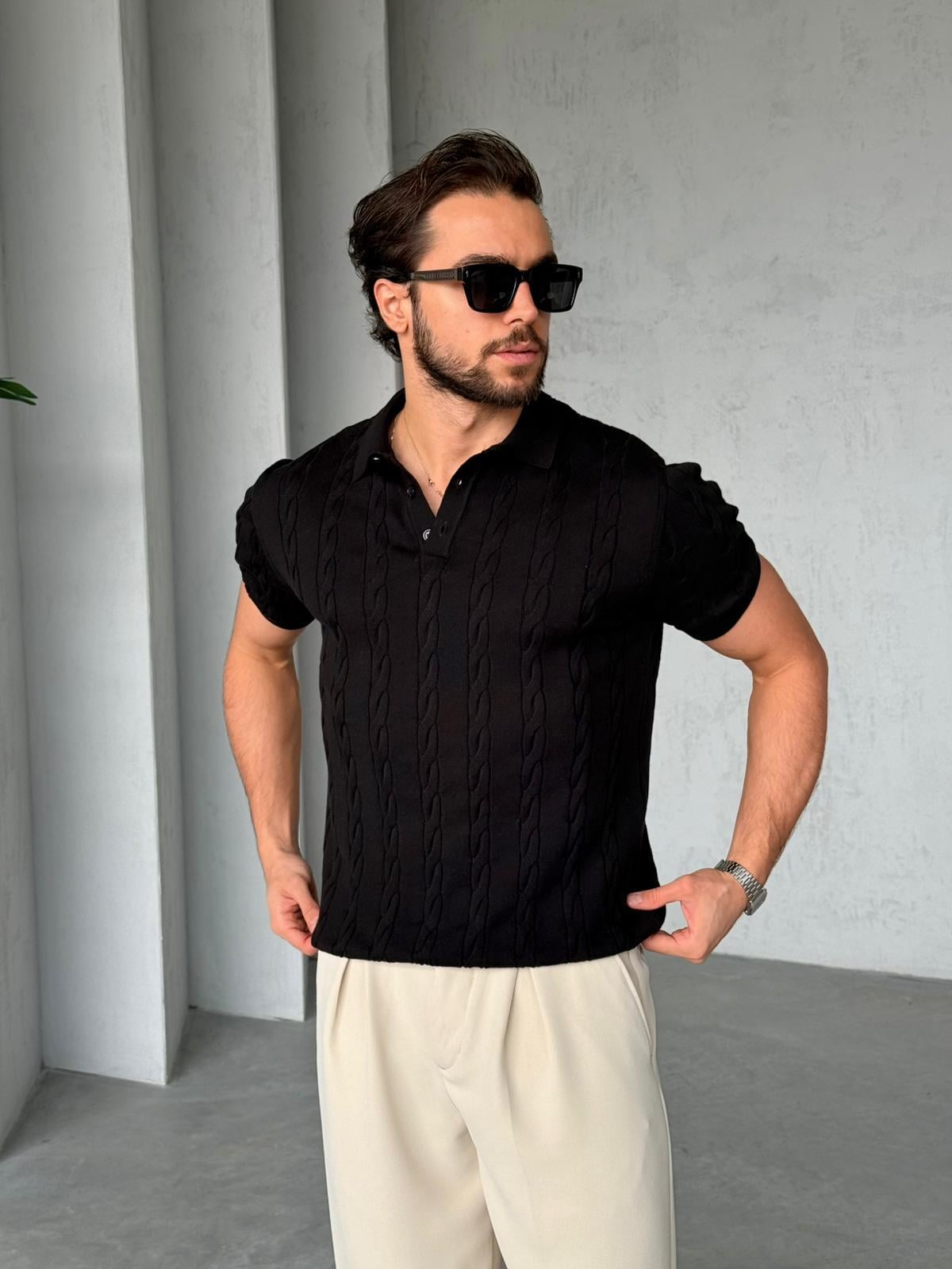 Desenli Polo Yaka Triko G - Siyah