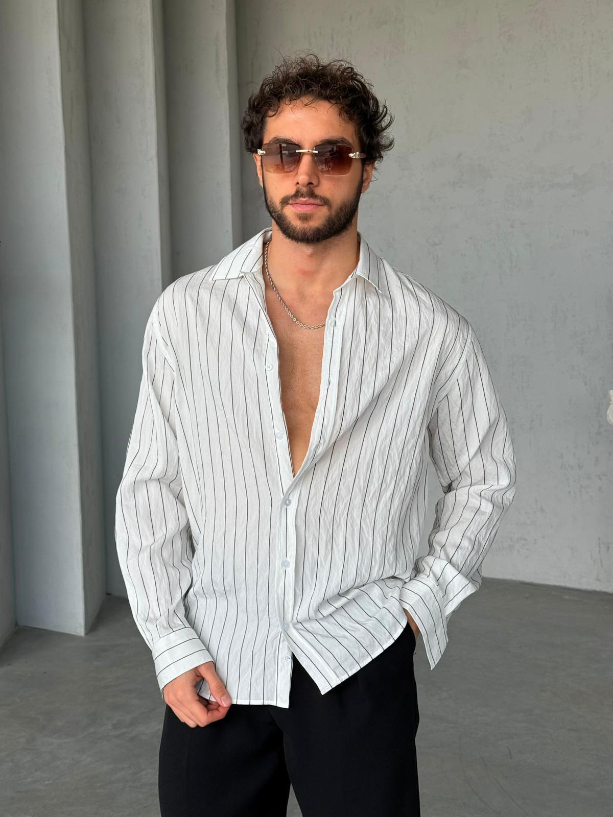 Dik Çizgili Oversize Gömlek M - Beyaz