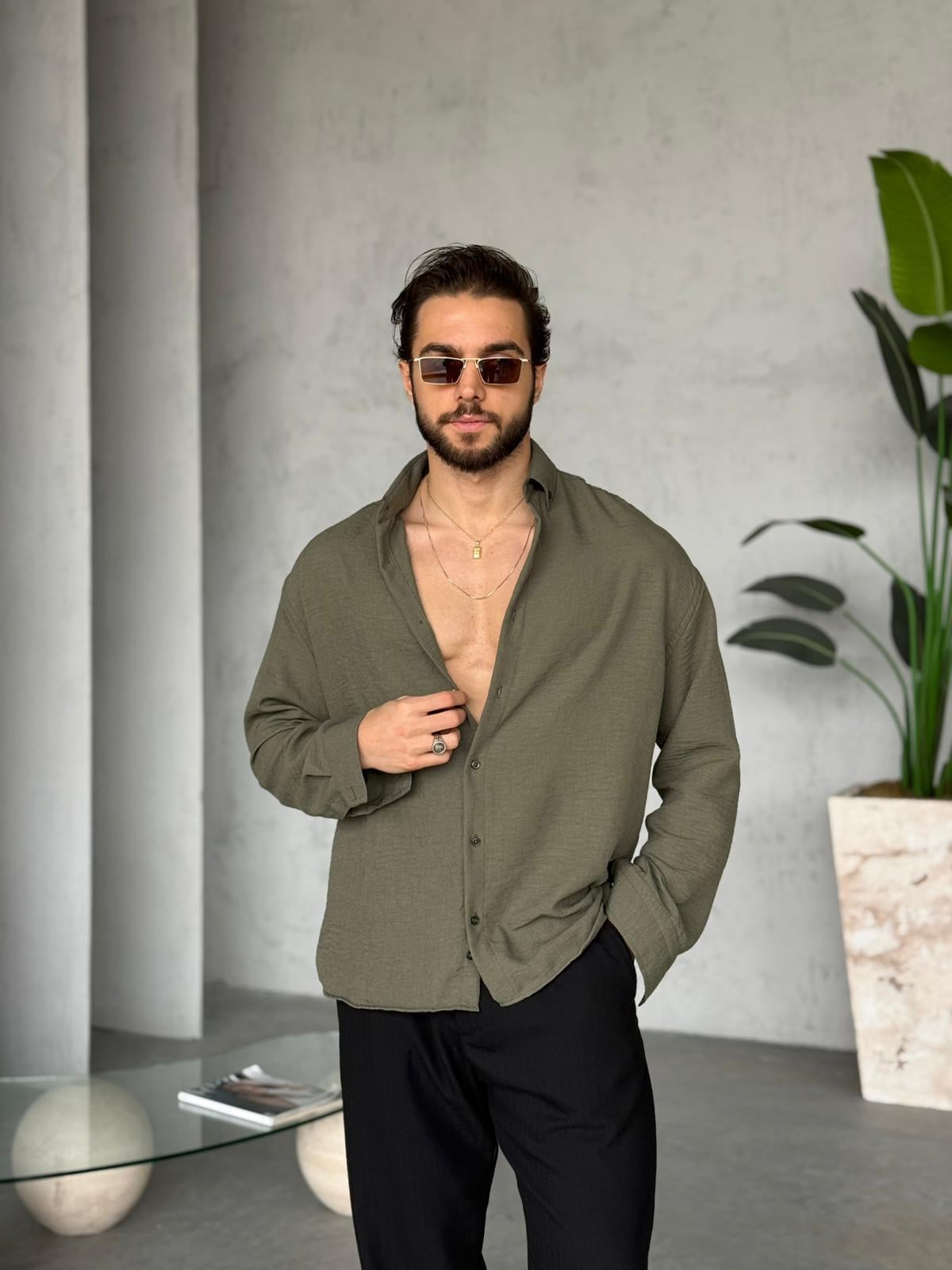 Dokulu Oversize Gömlek K - Haki