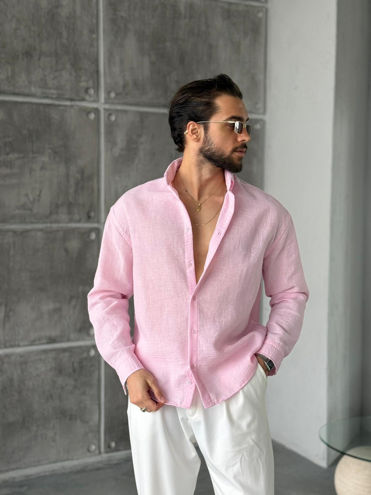 Dokulu Oversize Gömlek K - Pembe