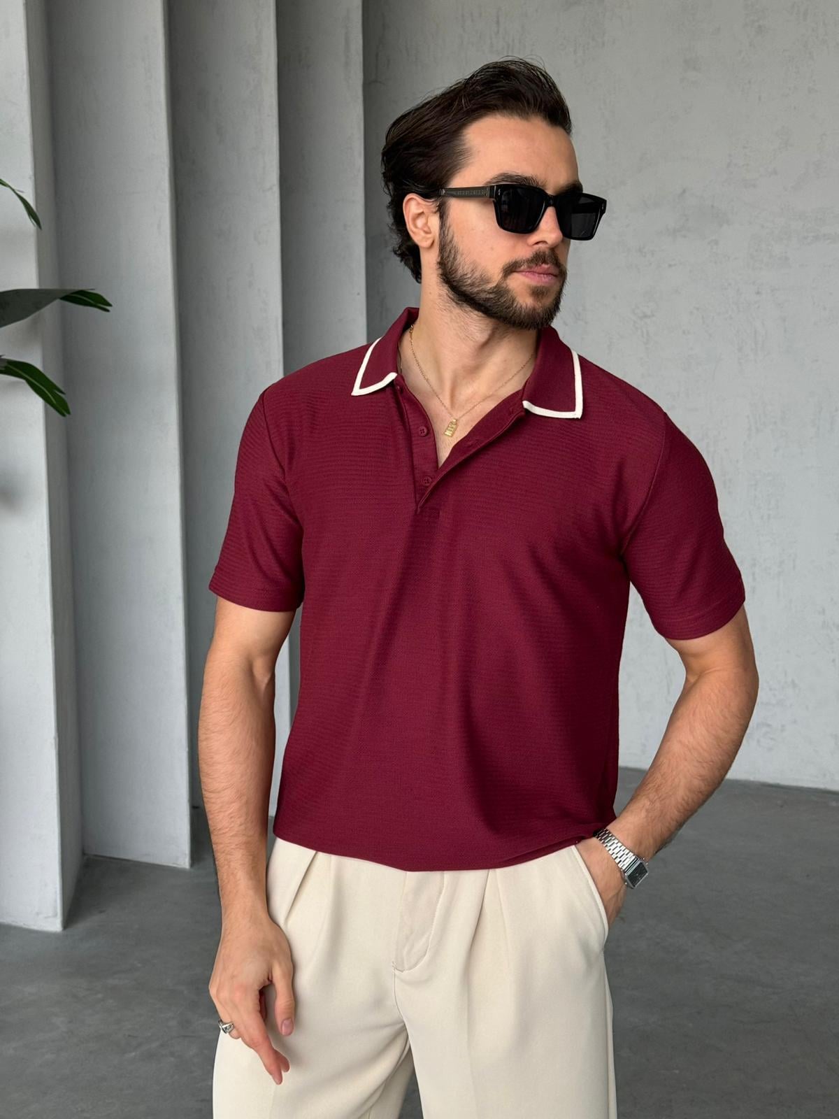 Düğmeli Polo Yaka Triko M - Bordo